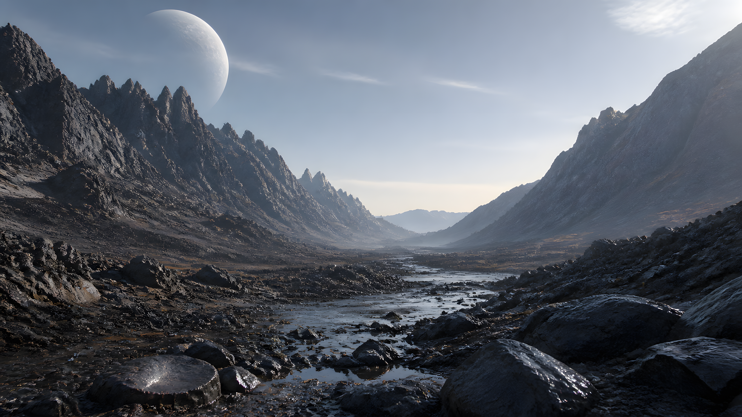 Rocky Exoplanet Valleys in rocky valleys under cool dawn light, original 4K desktop wallpaper