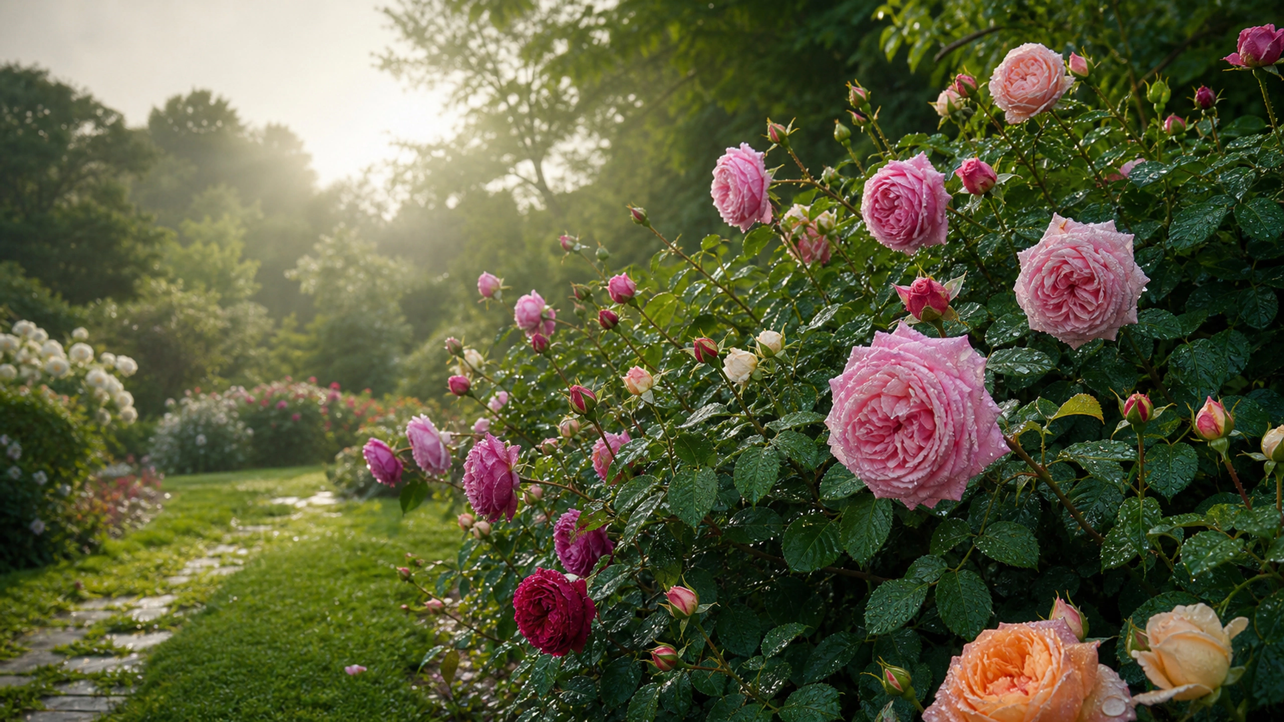 Natural rose garden immediately after rain with droplets and dark wet leaves, original 4K flowers wallpaper
