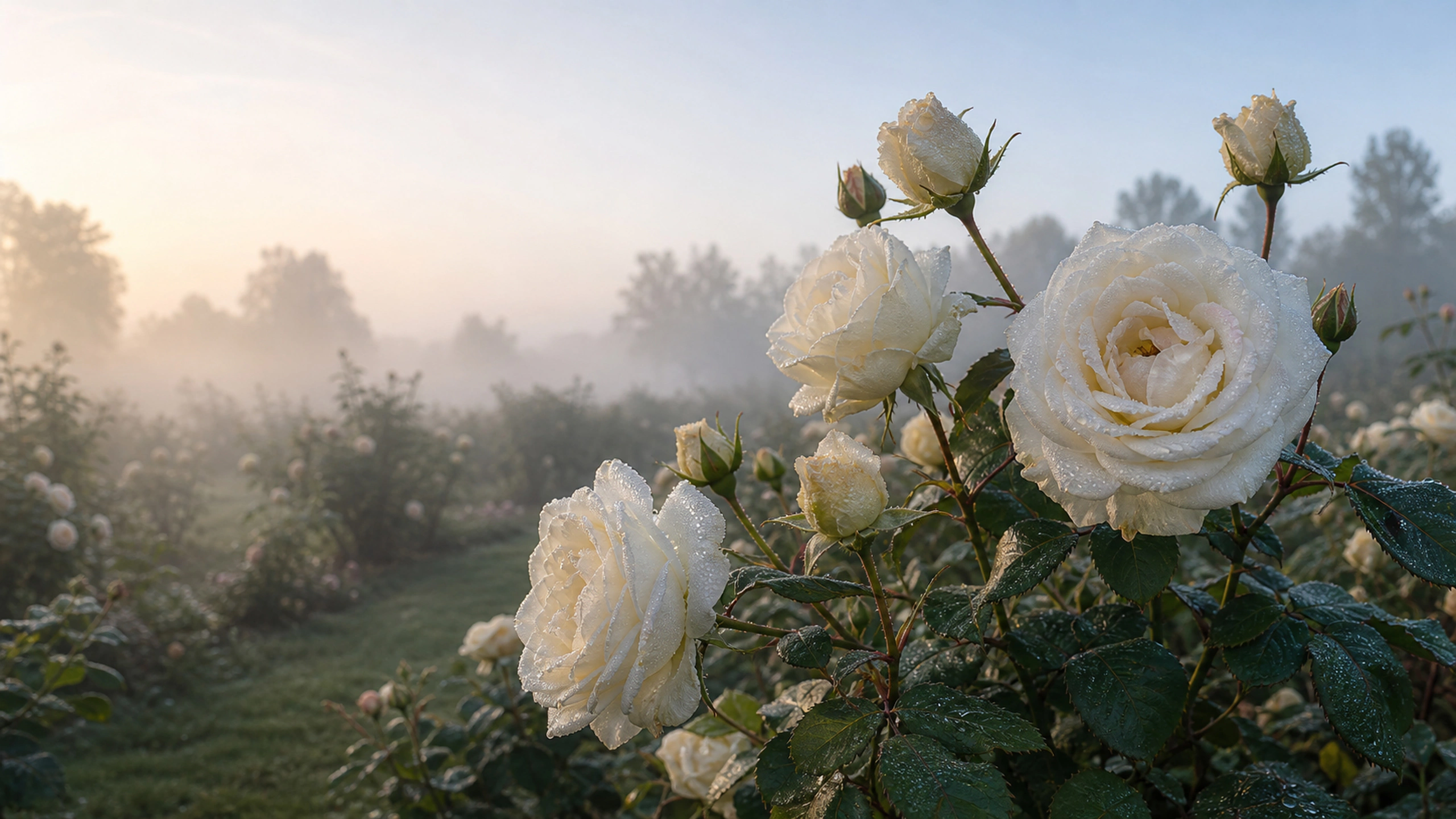 Cluster of cream-white roses opening in cool dawn light, original 4K flowers wallpaper