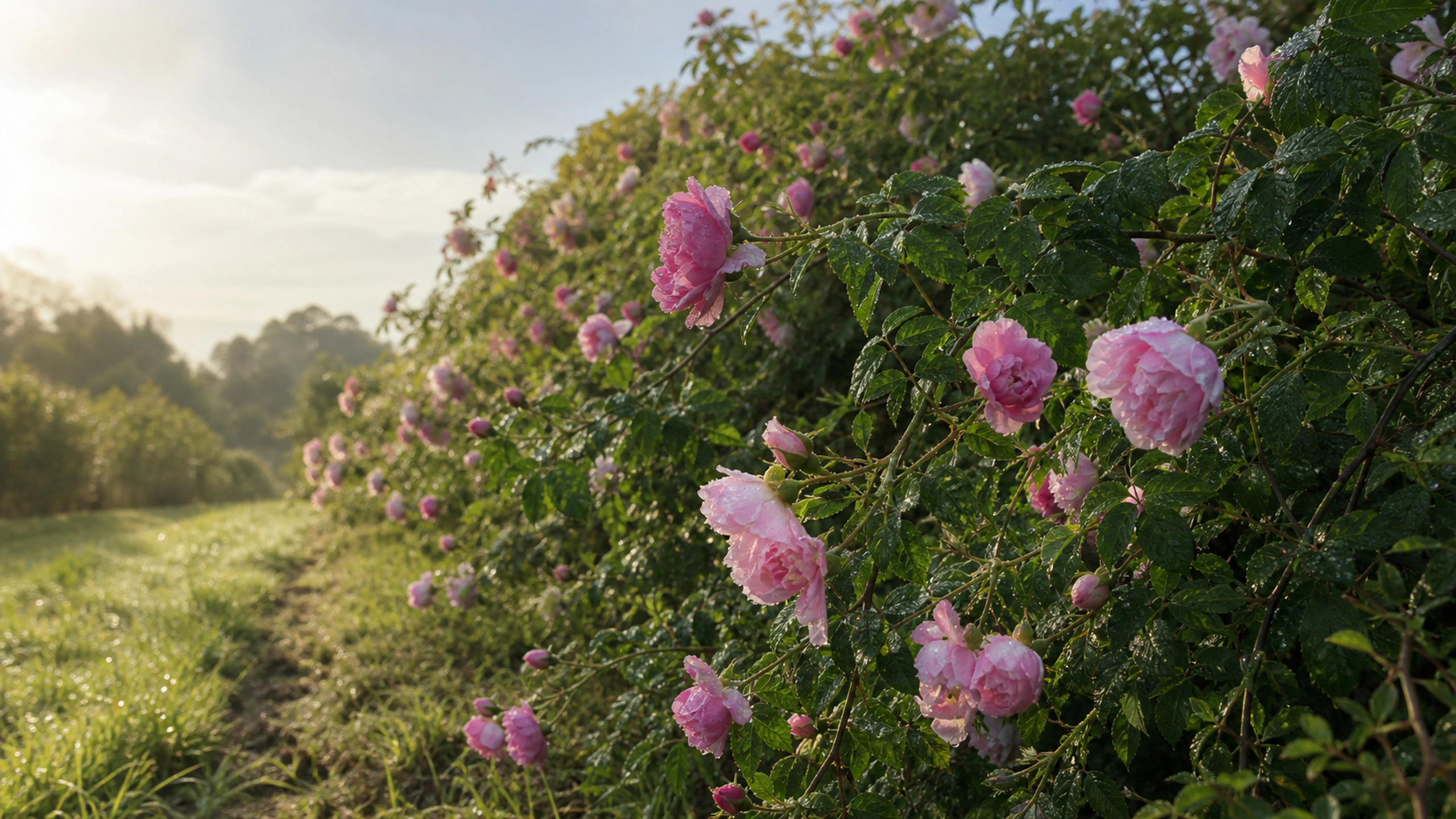 Untrimmed pink wild roses woven through a natural green hedgerow, original 4K flowers wallpaper