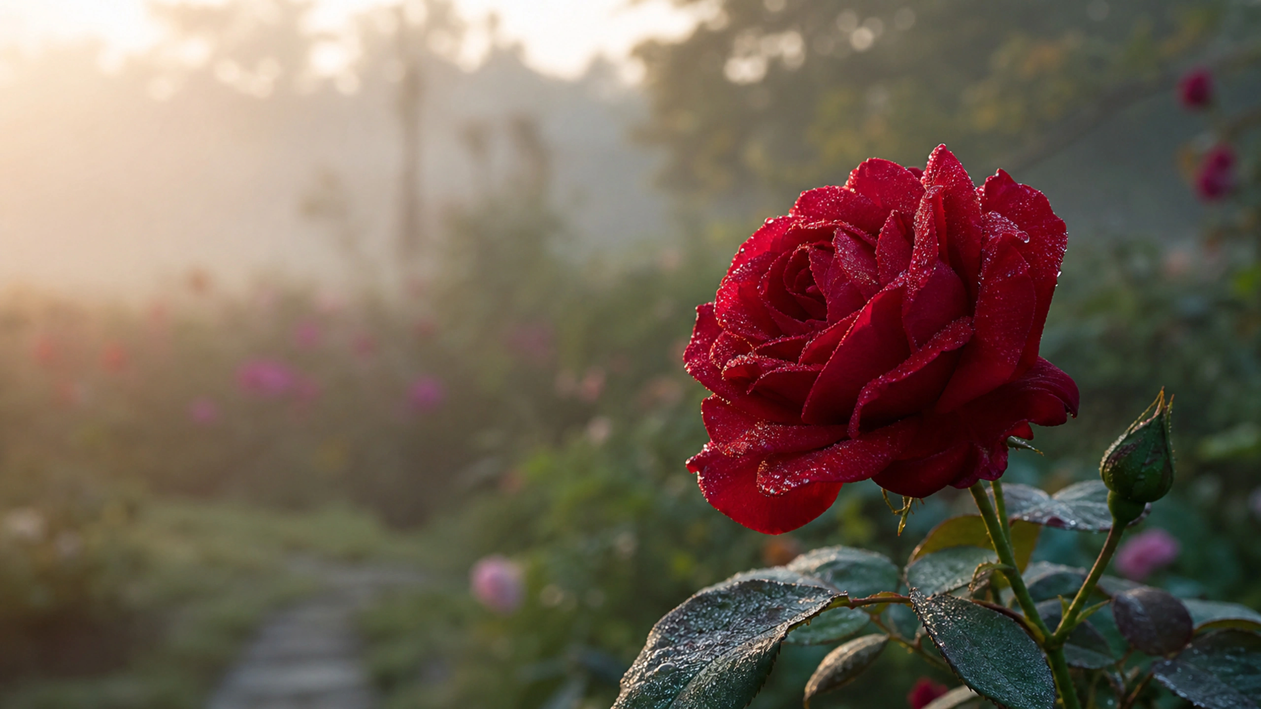 One deep red heritage rose with realistic petal texture and generous soft background, original 4K flowers wallpaper