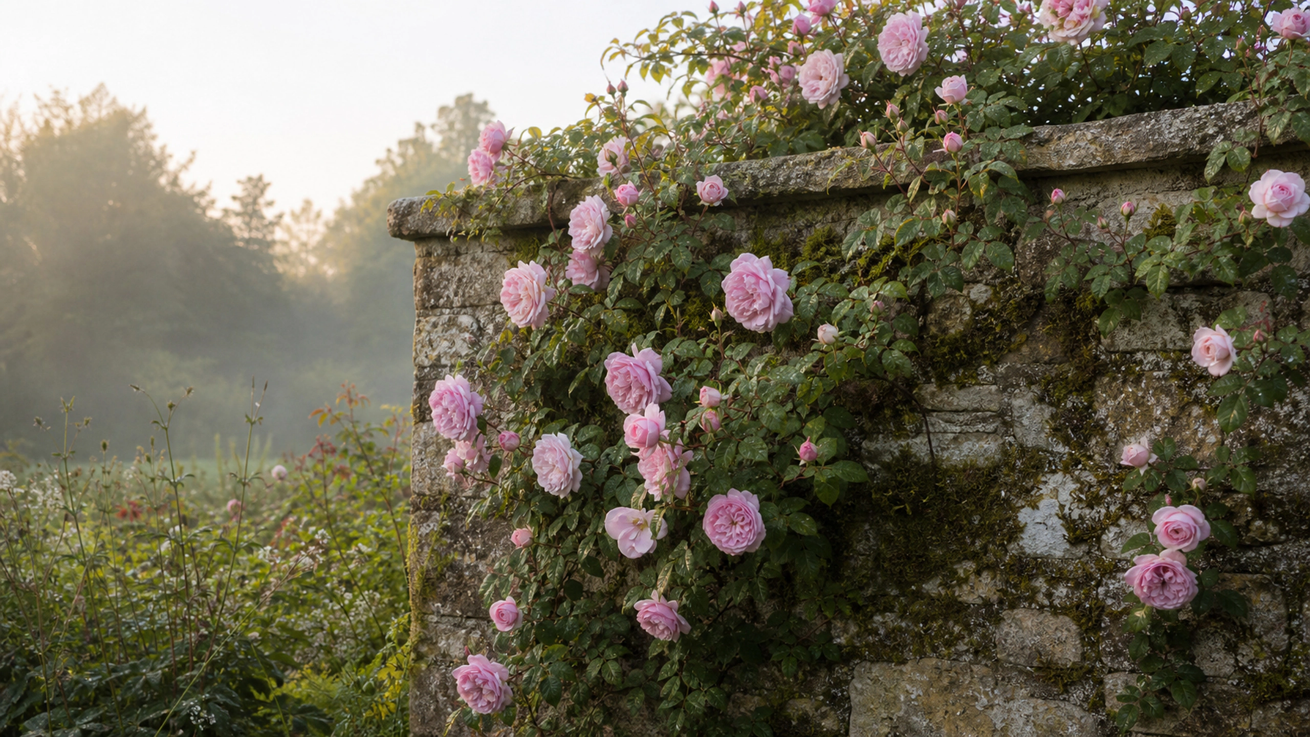 Old climbing roses spreading naturally across a weathered unbranded stone wall, original 4K flowers wallpaper