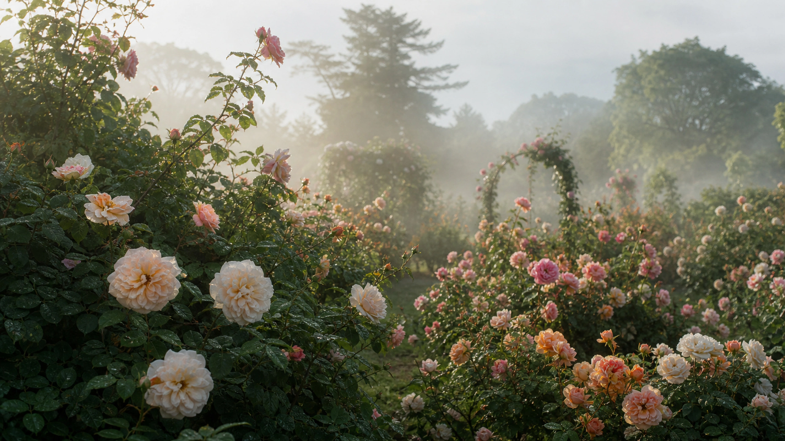 Rose beds emerging through pale garden mist with muted botanical color, original 4K flowers wallpaper