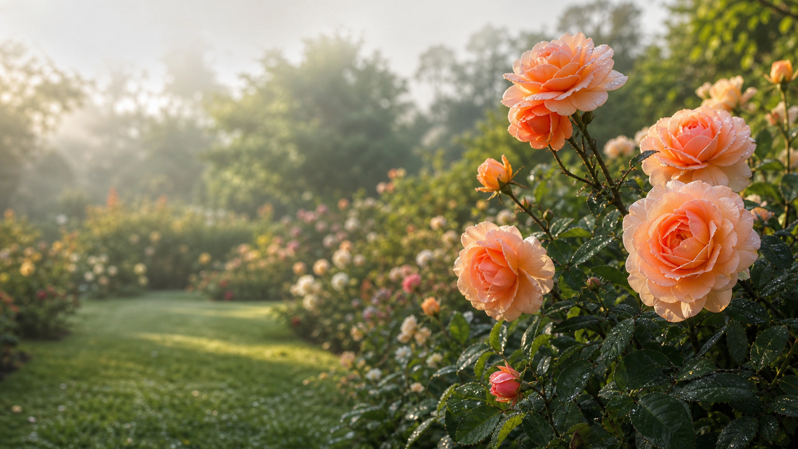 Side-lit peach roses with translucent petals and deep natural foliage, original 4K flowers wallpaper
