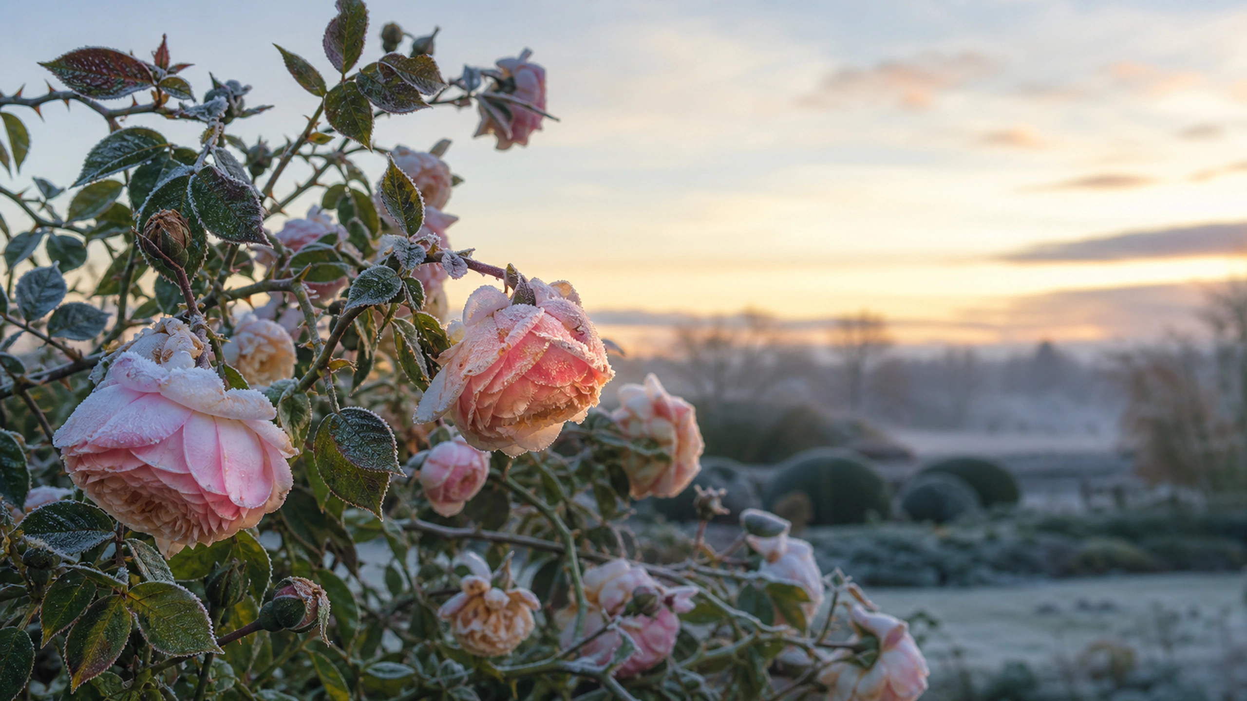 First frost on pale rose petals and leaves in cold early morning, original 4K flowers wallpaper