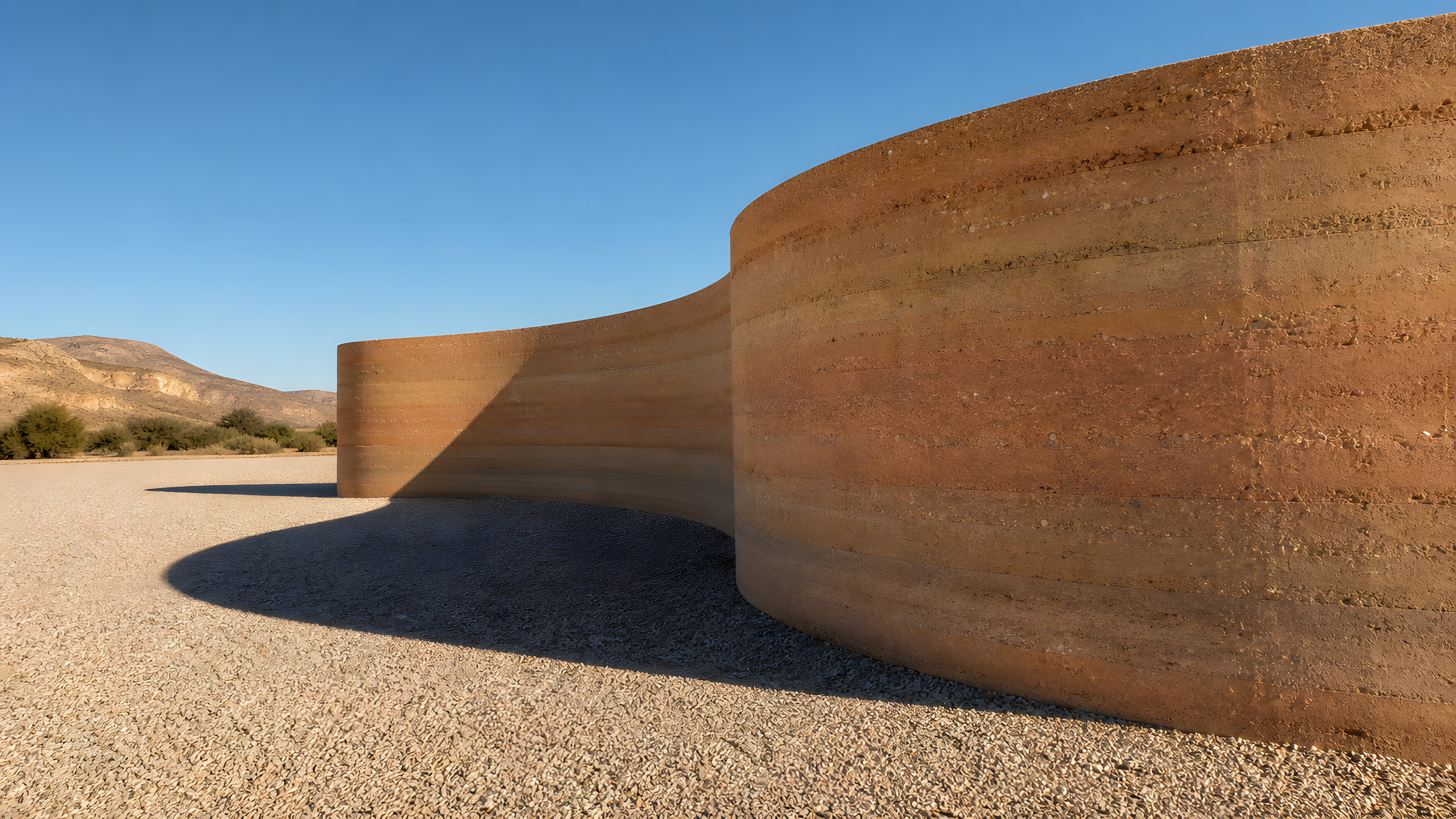 An original freestanding curved rammed-earth wall forming a shallow crescent and long counter-curve shadow across an empty gravel courtyard, original 4K minimal wallpaper
