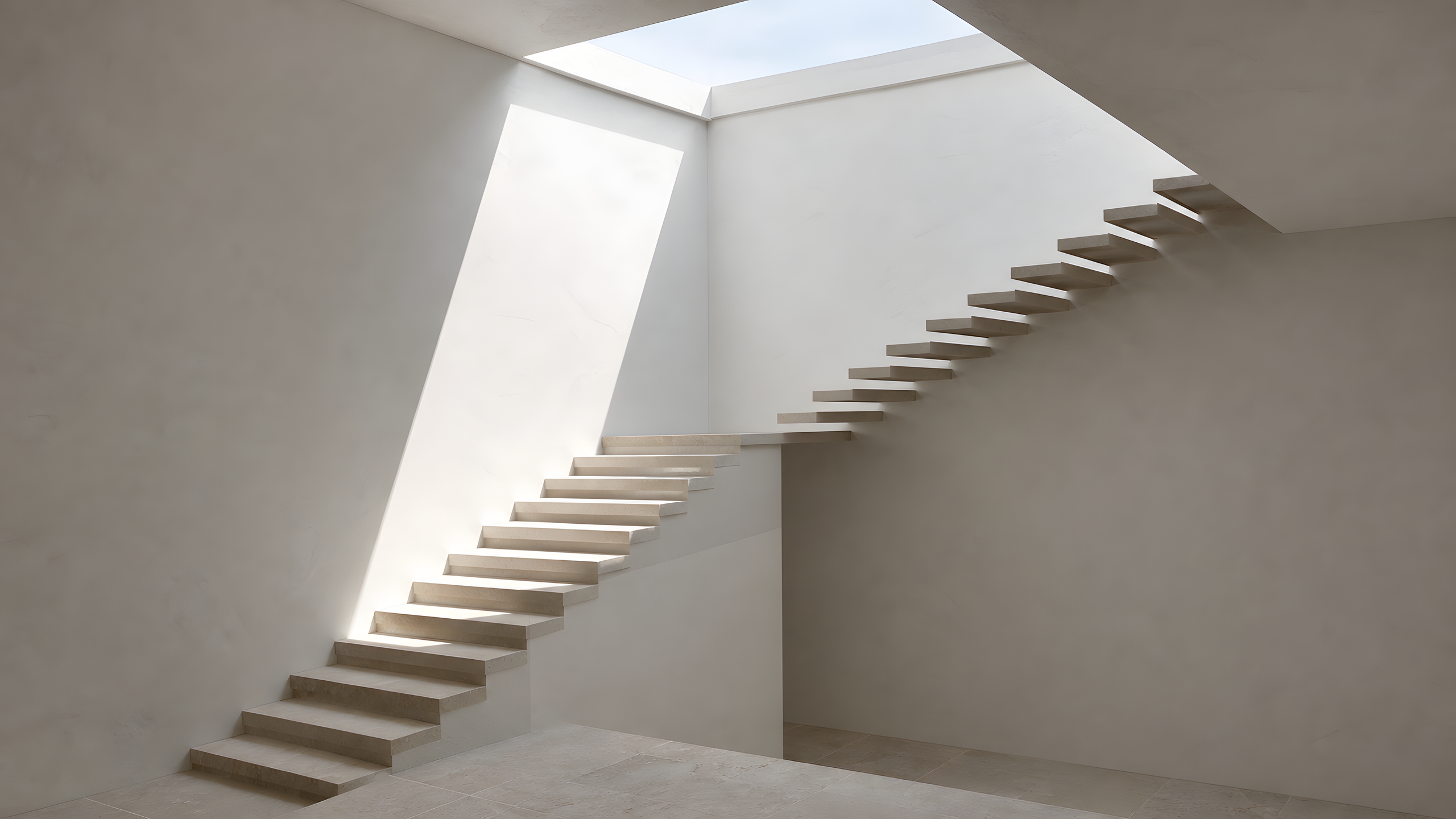 An original white-plaster stairwell with two broad floating flights, a rectangular skylight and three clean planes divided by neutral midday shadow, original 4K minimal wallpaper