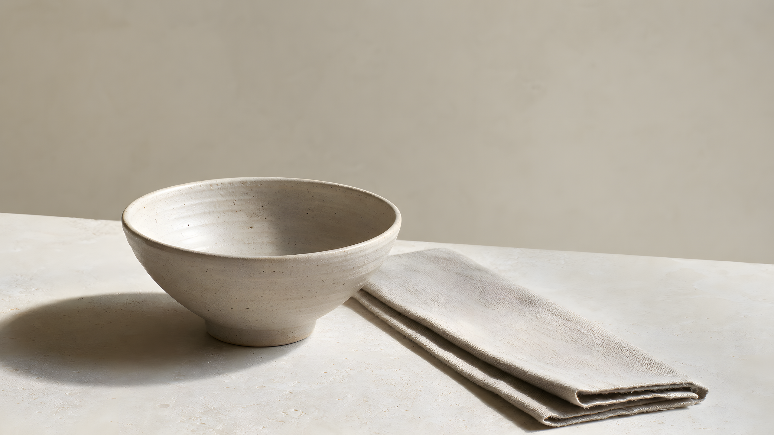 One unmarked hand-thrown ceramic bowl beside a single folded strip of natural linen on a pale limestone table in soft north-window light, original 4K minimal wallpaper