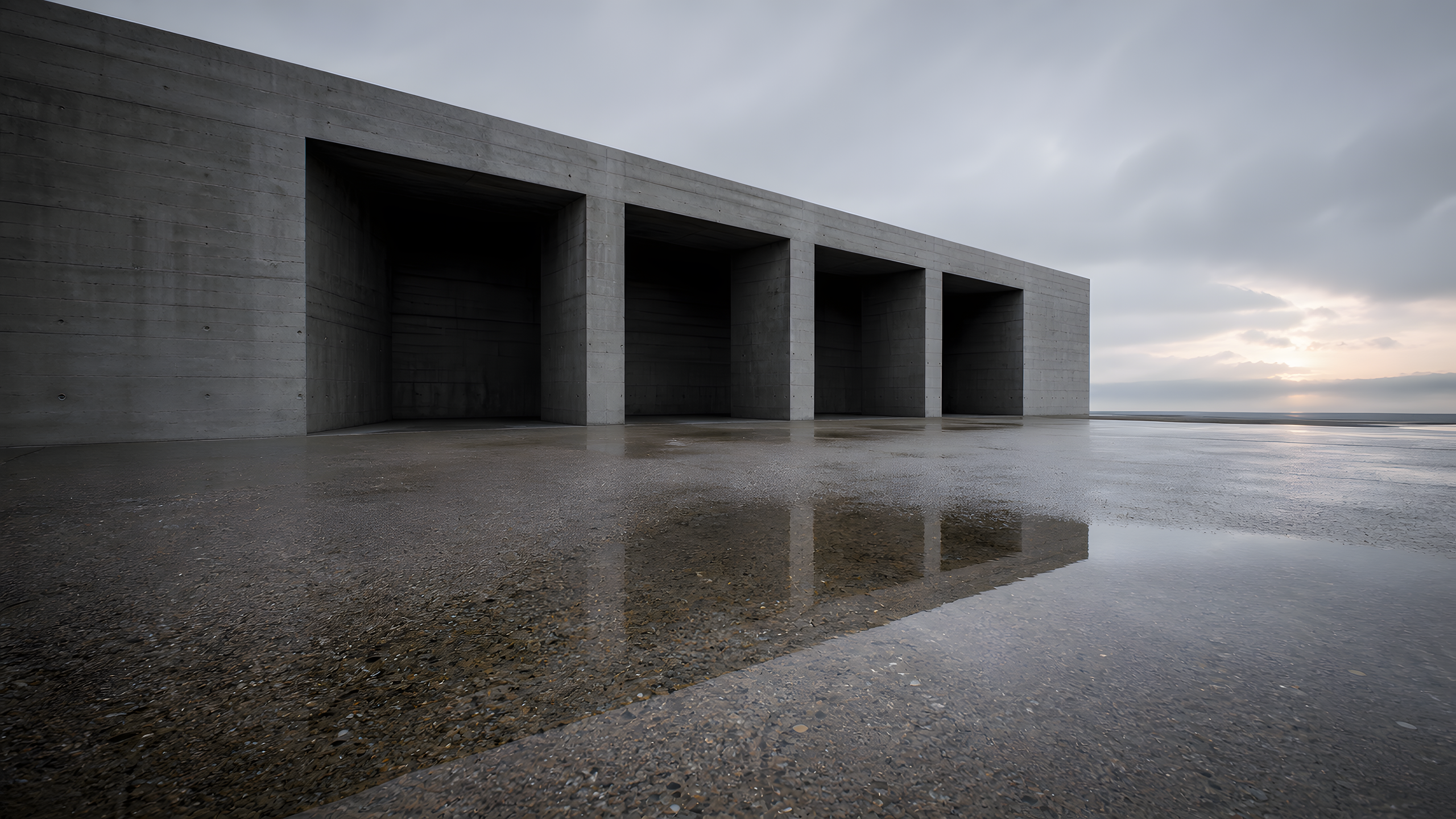 An original concrete colonnade of four unequal rectangular bays after rain, viewed laterally above one shallow broken reflection, original 4K minimal wallpaper