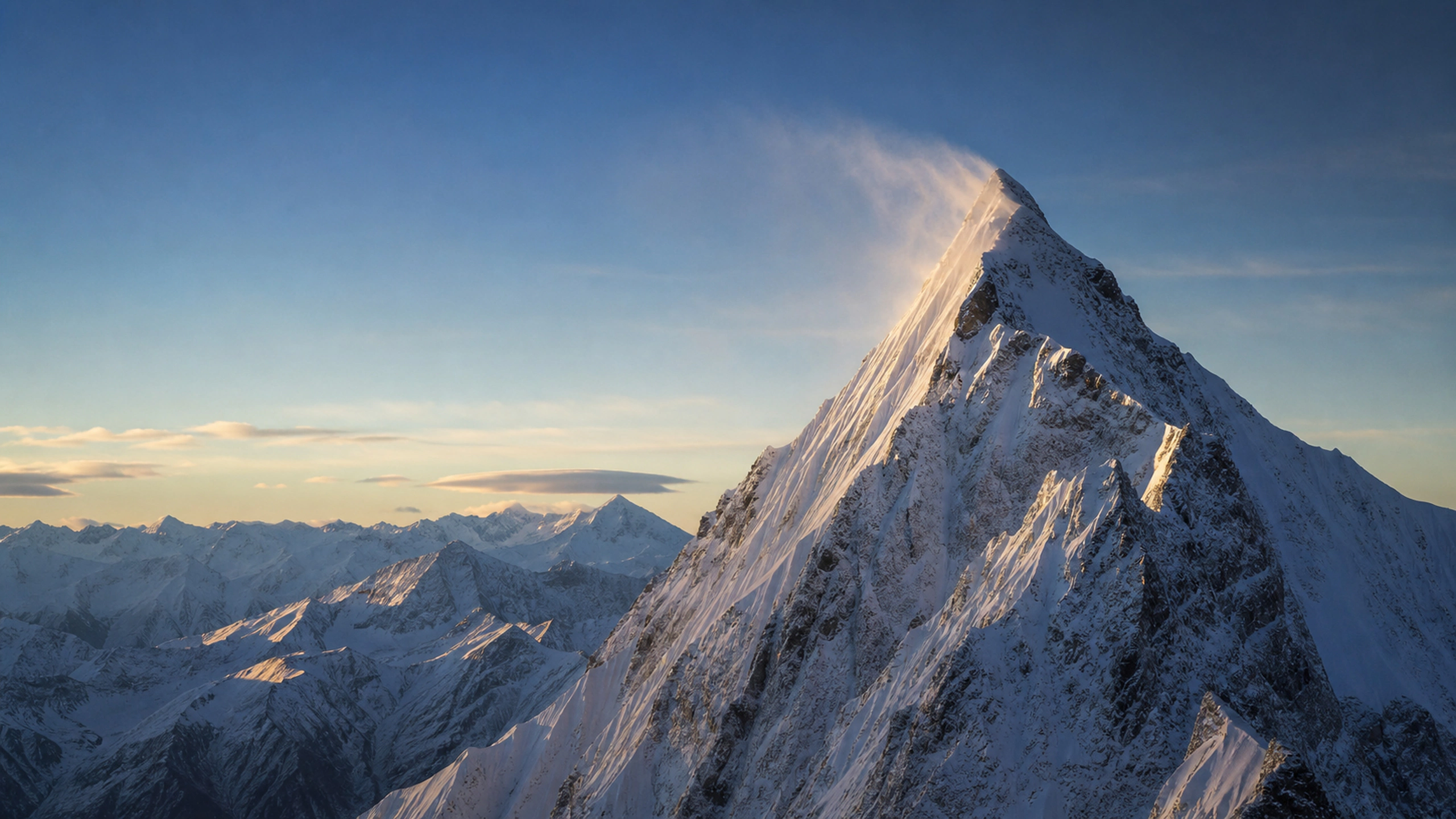 Snow plume streaming from a sharp ridge under clear cold morning light, original 4K mountains wallpaper