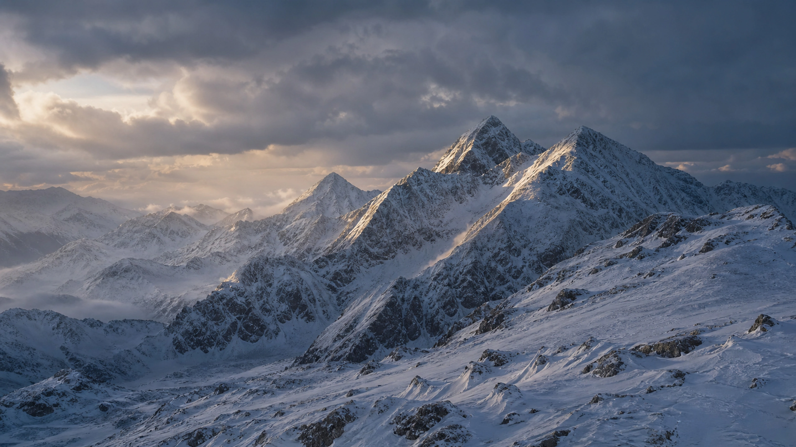 Fresh snow mountains emerging from a retreating storm with broken sun, original 4K mountains wallpaper