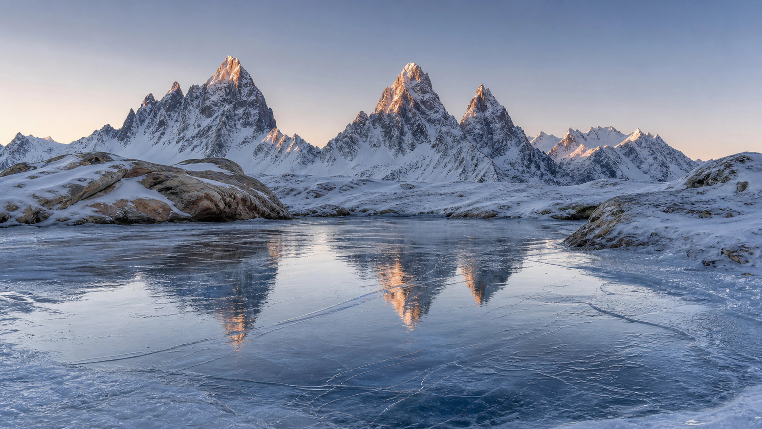Snow peaks reflected in a small frozen tarn with cracked translucent ice, original 4K mountains wallpaper