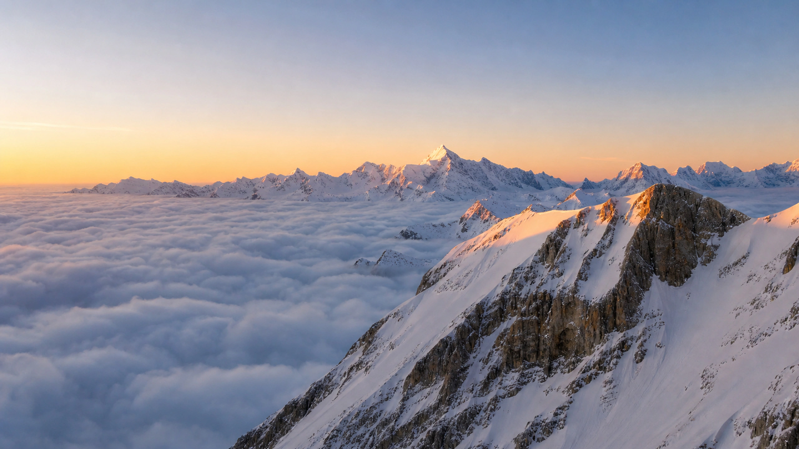 White summits above a dense cloud sea at clean sunrise, original 4K mountains wallpaper