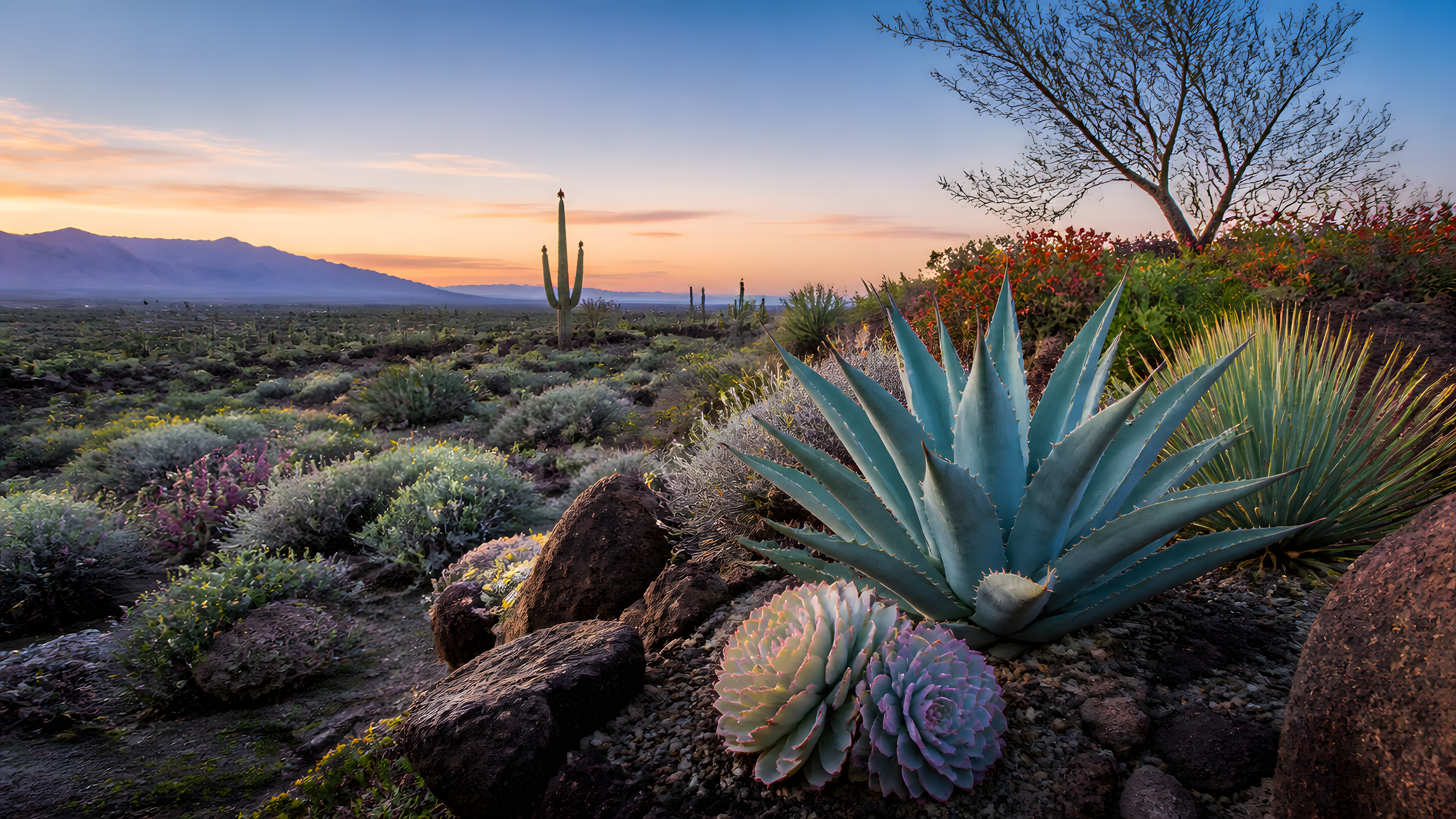 Succulent Desert Gardens in gardens succulent under cool dawn light, original 4K desktop wallpaper