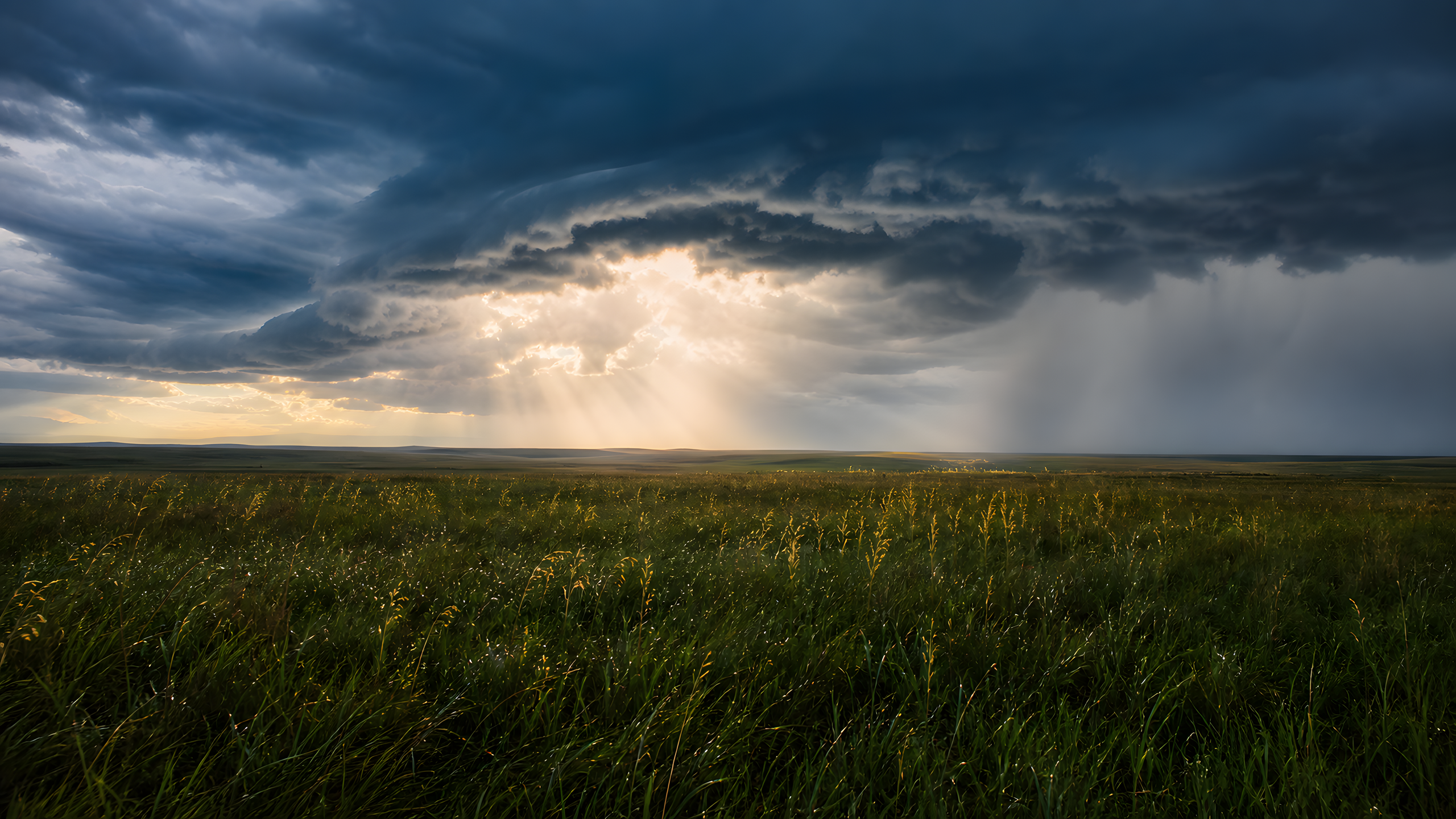 Golden sunbeams breaking through a retreating storm above rain-dark native prairie grass