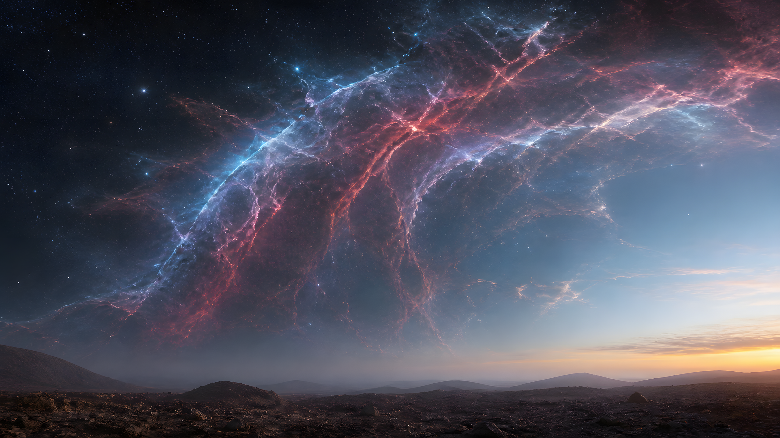 Supernova Remnant Filaments in dust-rich nebula under cool dawn light, original 4K desktop wallpaper