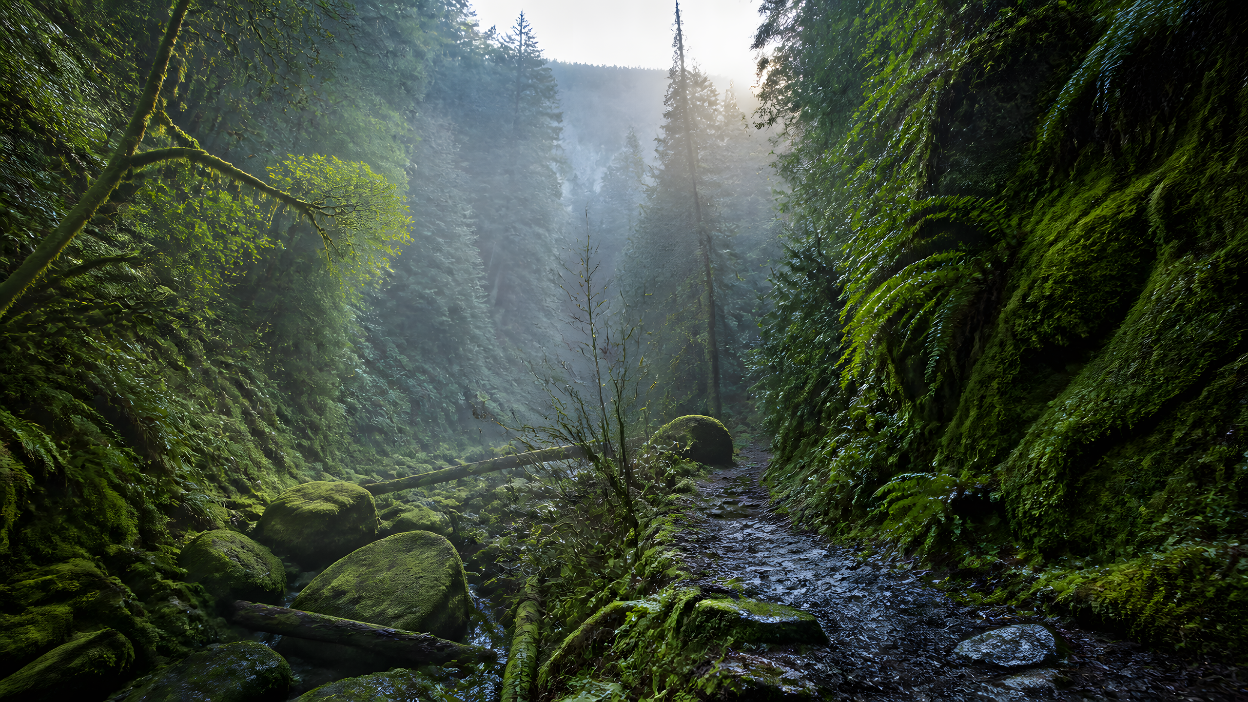 Temperate Rainforest Trails in mossy ravine under cool dawn light, original 4K desktop wallpaper