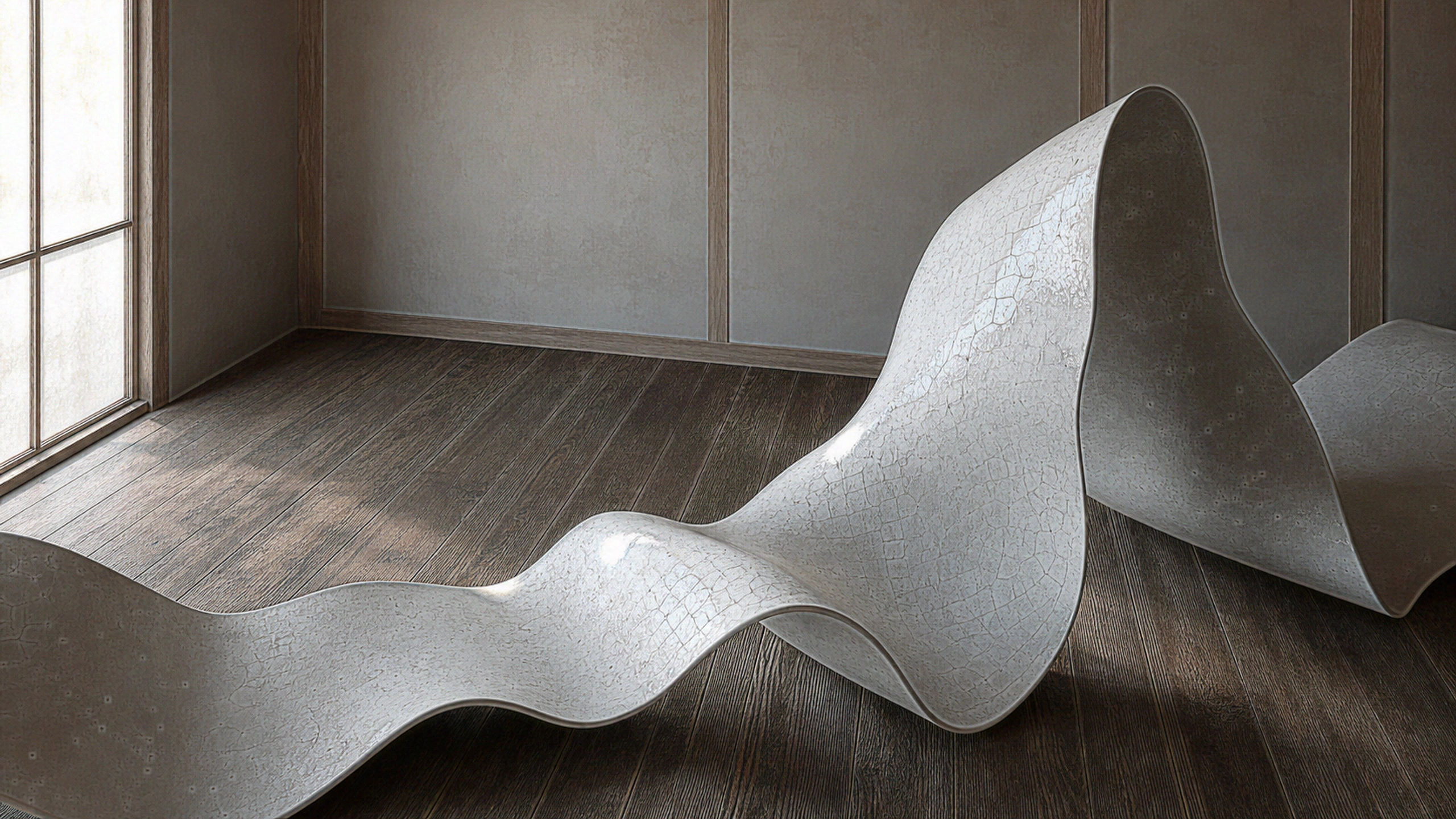 One continuous matte-white porcelain ribbon folding into broad asymmetric waves inside a quiet timber room, delicate crazing, razor-thin edges and soft window shadows fully resolved, original 4K 3d renders wallpaper