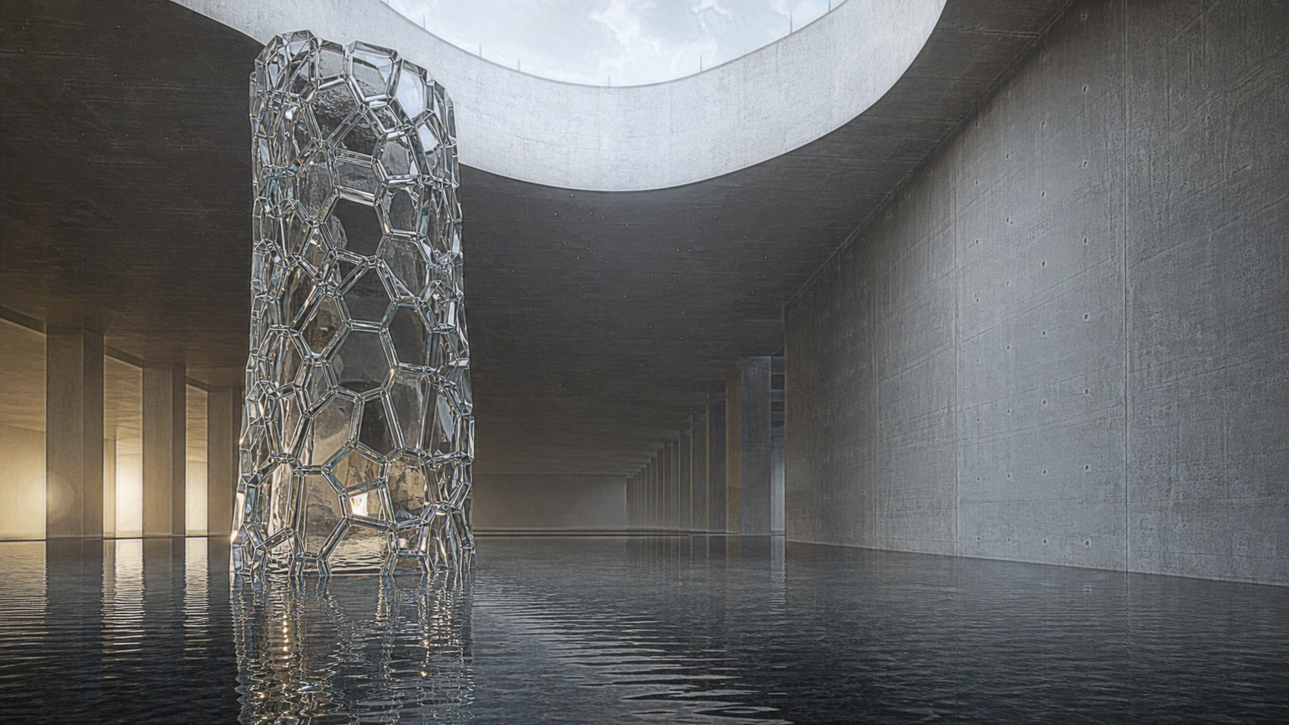 A tall transparent cast-glass cellular tower standing in shallow water beneath an overcast skylight, distinct trapped bubbles, polished seams, caustics and rippled reflections, original 4K 3d renders wallpaper