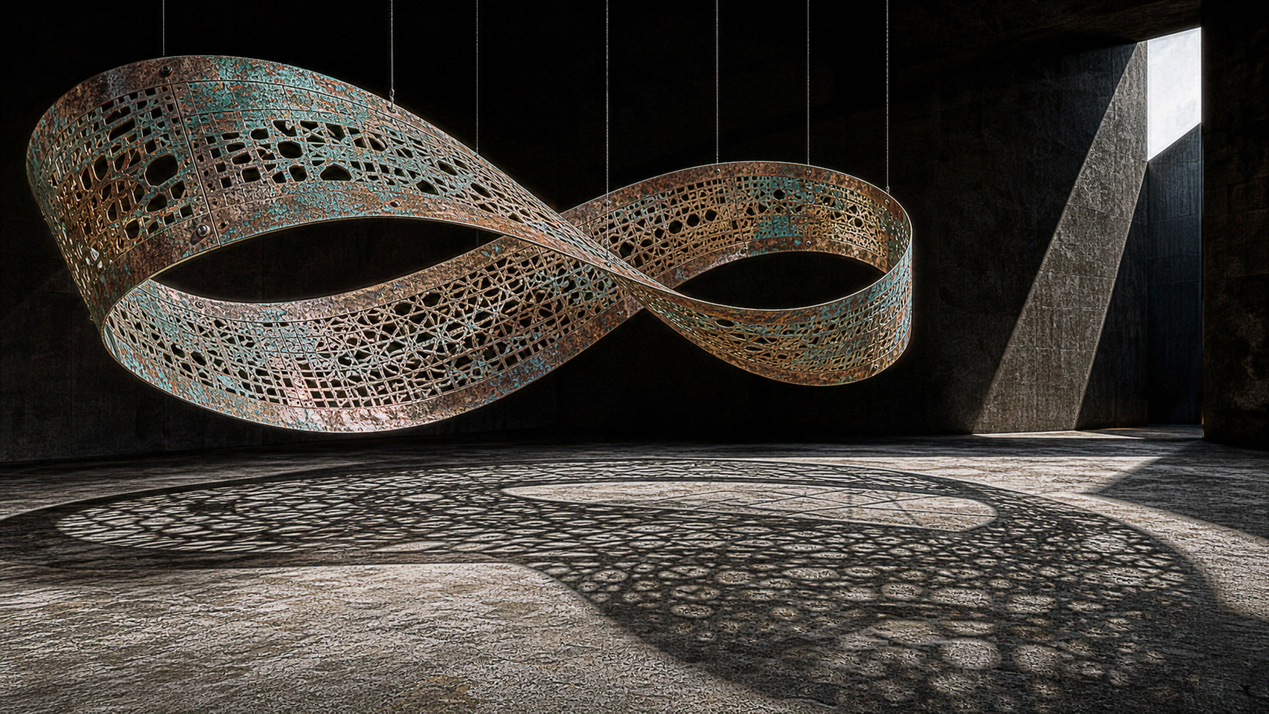 A wide oxidized-copper Mobius lattice suspended above a dark museum floor, intricate perforations, green-blue patina, fasteners and threadlike cast shadows, original 4K 3d renders wallpaper