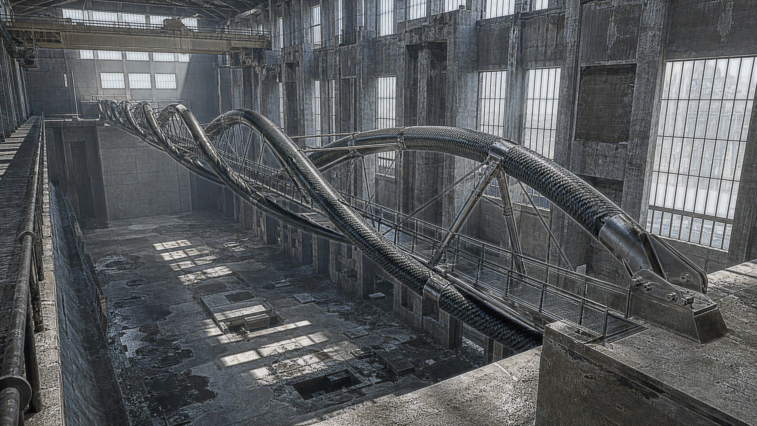 A monumental braided carbon-fiber double helix bridging two concrete platforms in a vast industrial hall, exact woven fibers, structural joints and hard directional light, original 4K 3d renders wallpaper