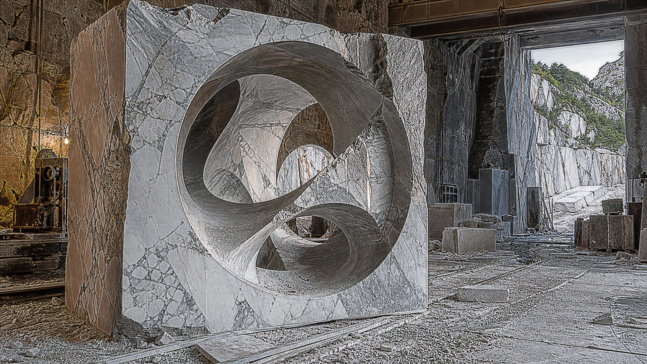 A massive Carrara marble cube carved with intersecting offset spherical voids in a raw stone workshop, crystalline veining, chisel traces, powder and broken edge detail, original 4K 3d renders wallpaper