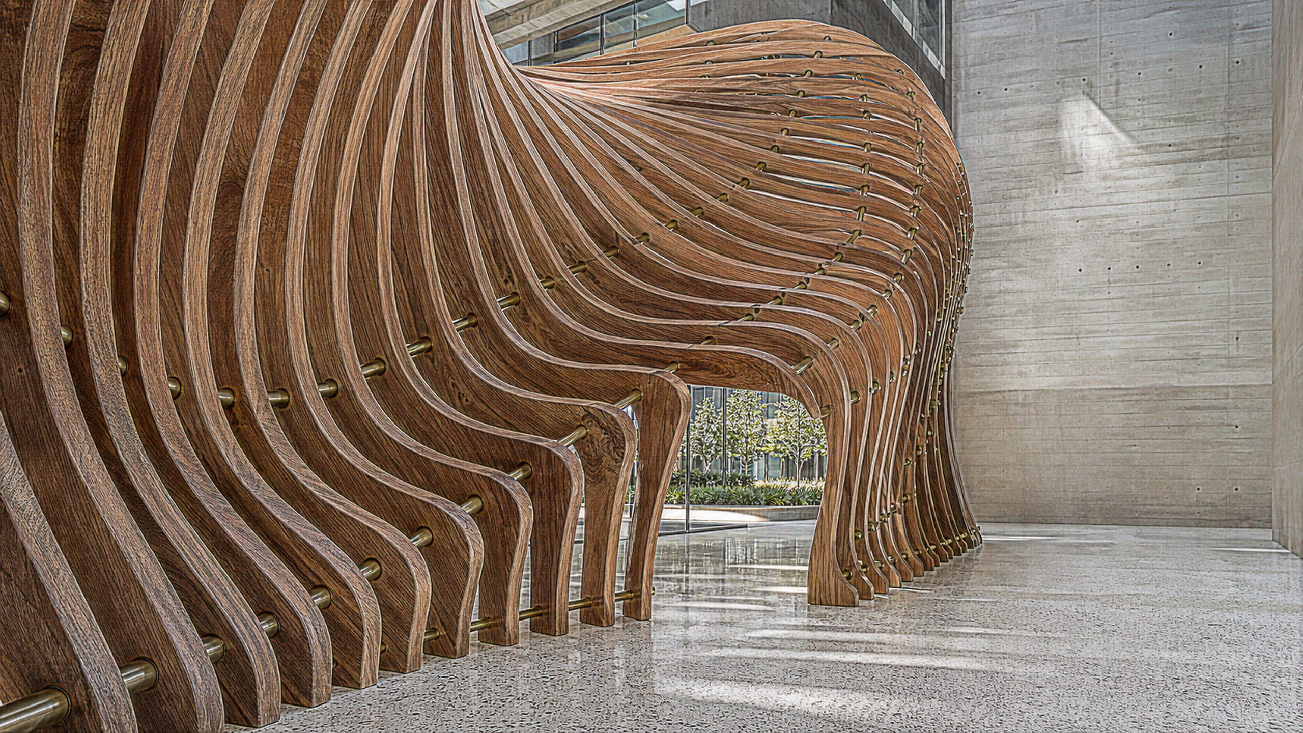 Hundreds of individually cut laminated walnut ribs forming a walk-through parametric wave in a daylight atrium, exact end grain, joinery, spacing and layered shadows, original 4K 3d renders wallpaper