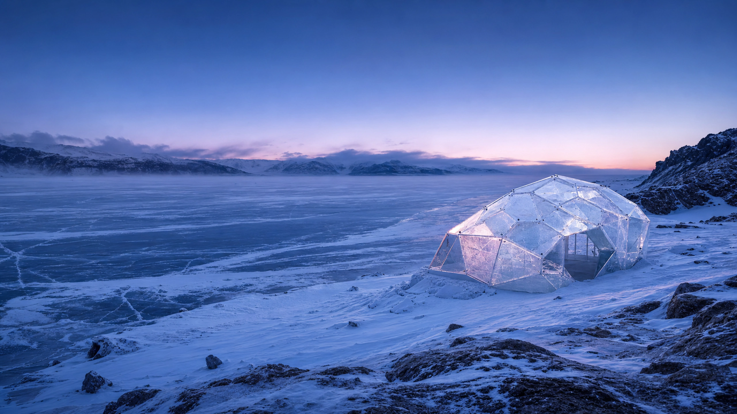 An outdoor crystalline ice polyhedron pavilion on a frozen lake at blue dawn, intricate frost crystals, trapped air, hairline cracks, sharp refraction and distant snow texture, original 4K 3d renders wallpaper
