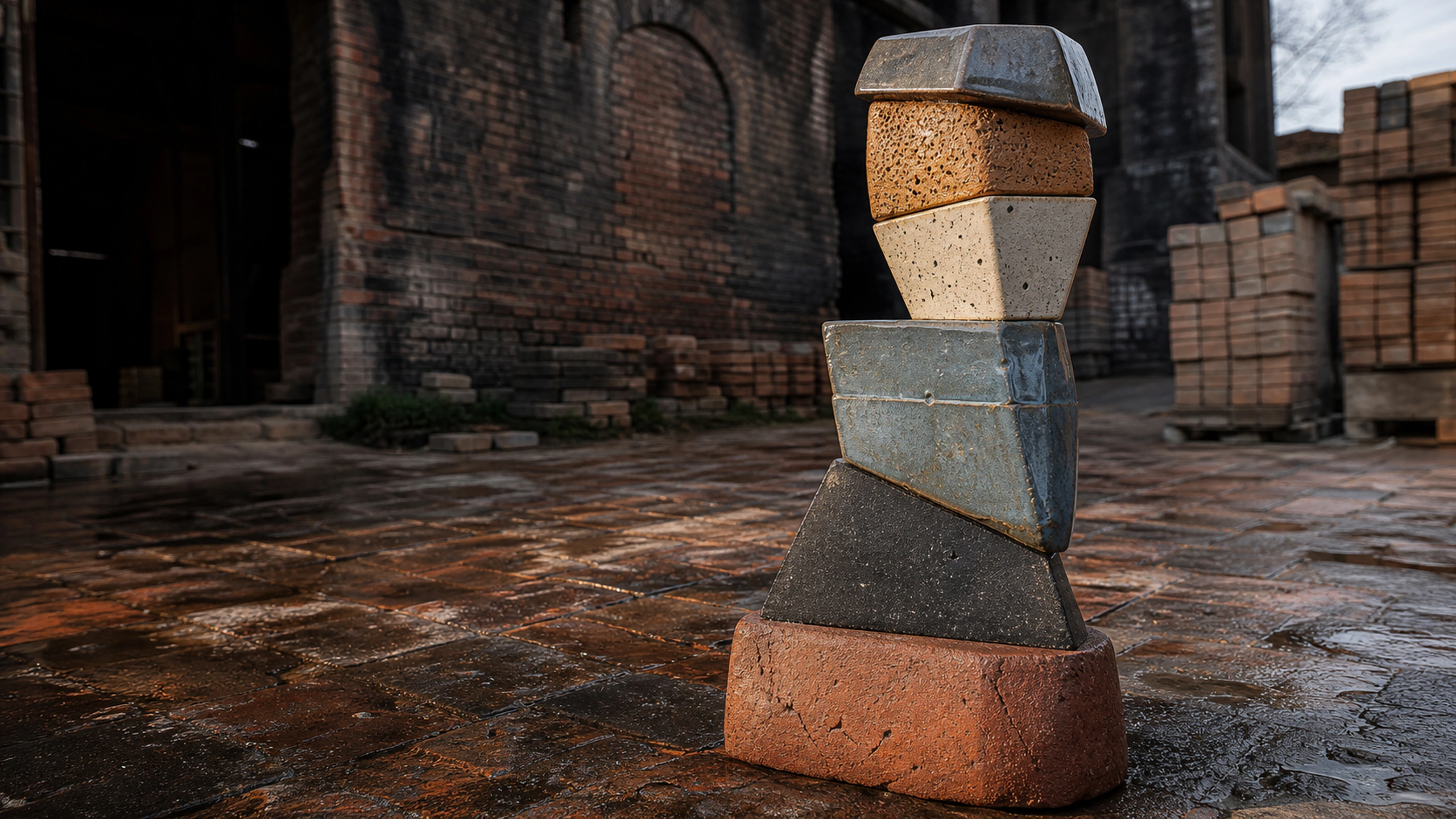 An asymmetrical stack of handmade geometric stoneware forms in a sunlit clay studio, varied matte and glazed surfaces, kiln speckles, fingerprints and realistic weight distribution, original 4K 3d renders wallpaper