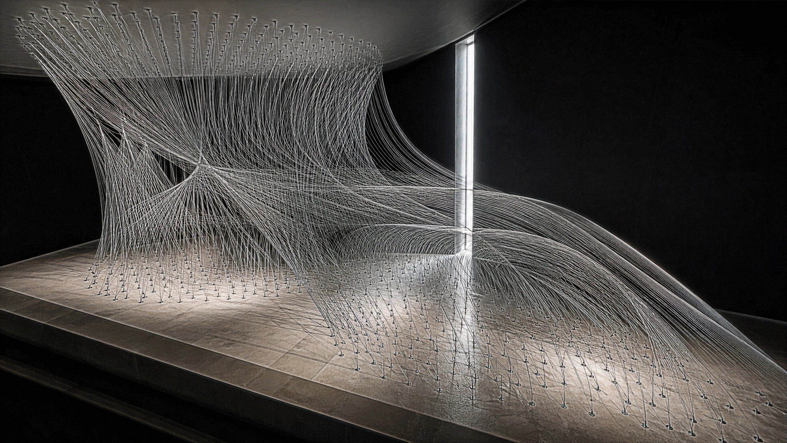 Thousands of fine stainless-steel wires mapping a three-dimensional gravity field inside a black exhibition chamber, every separate filament, anchor point and curved shadow legible, original 4K 3d renders wallpaper
