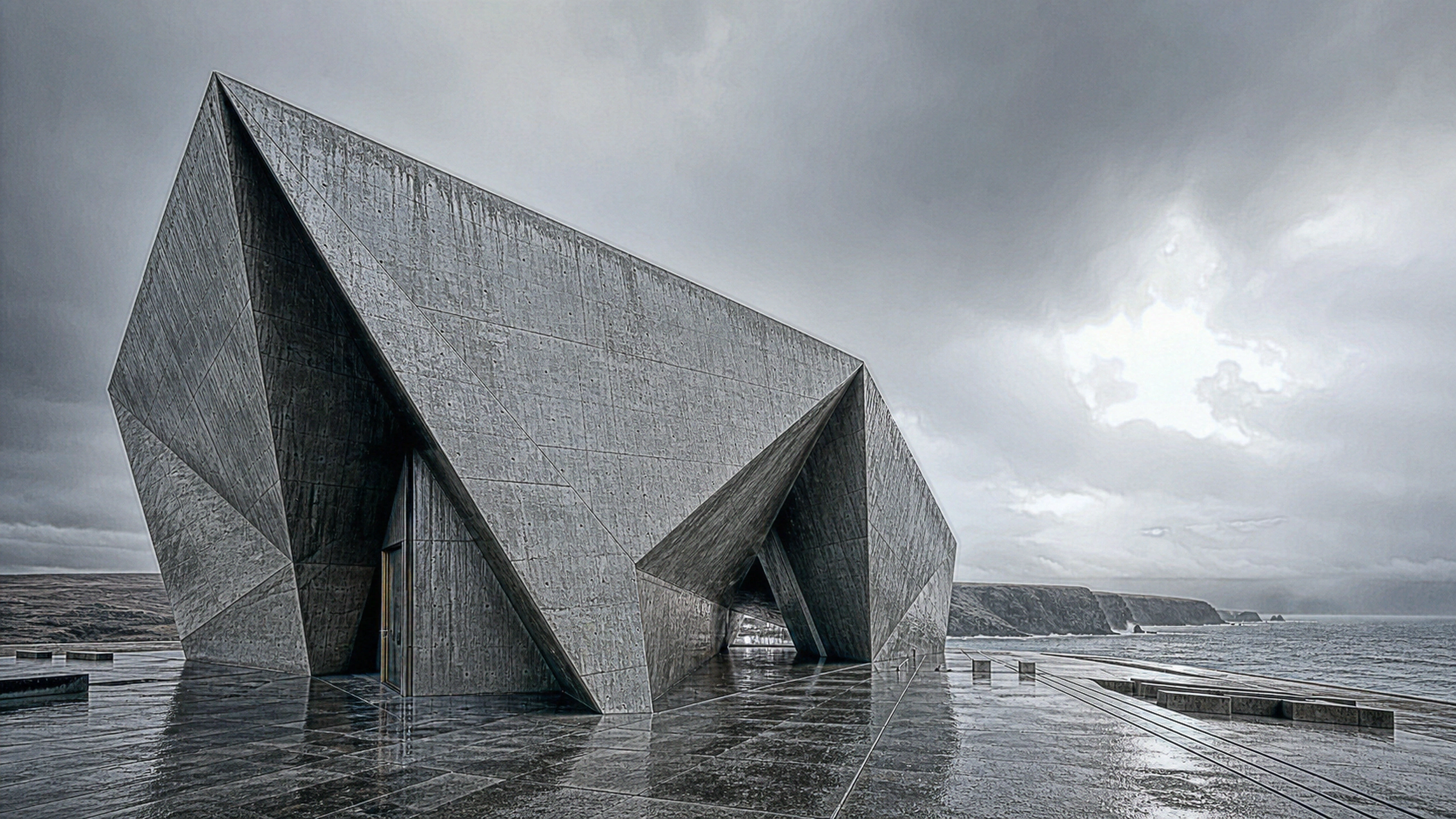 A folded ultra-high-performance concrete shell rising from a misty coastal plaza, crisp planes, pores, formwork seams, rain beads and deep angular apertures, original 4K 3d renders wallpaper