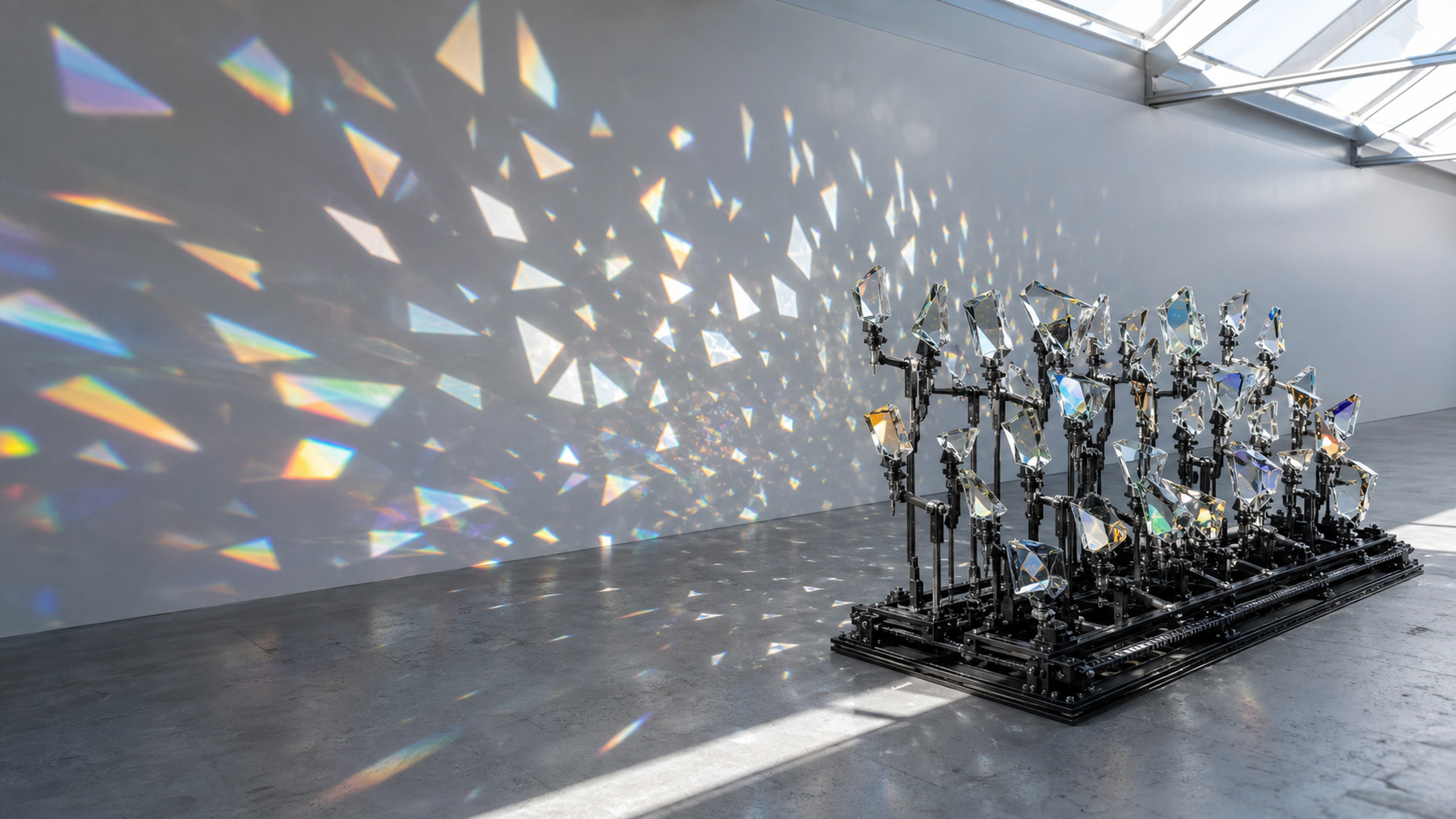 An optical sculpture of precisely cut crystal prisms and dark anodized-aluminum frames in a white laboratory gallery, clean spectral shadows, machined joints and immaculate glass edges, original 4K 3d renders wallpaper
