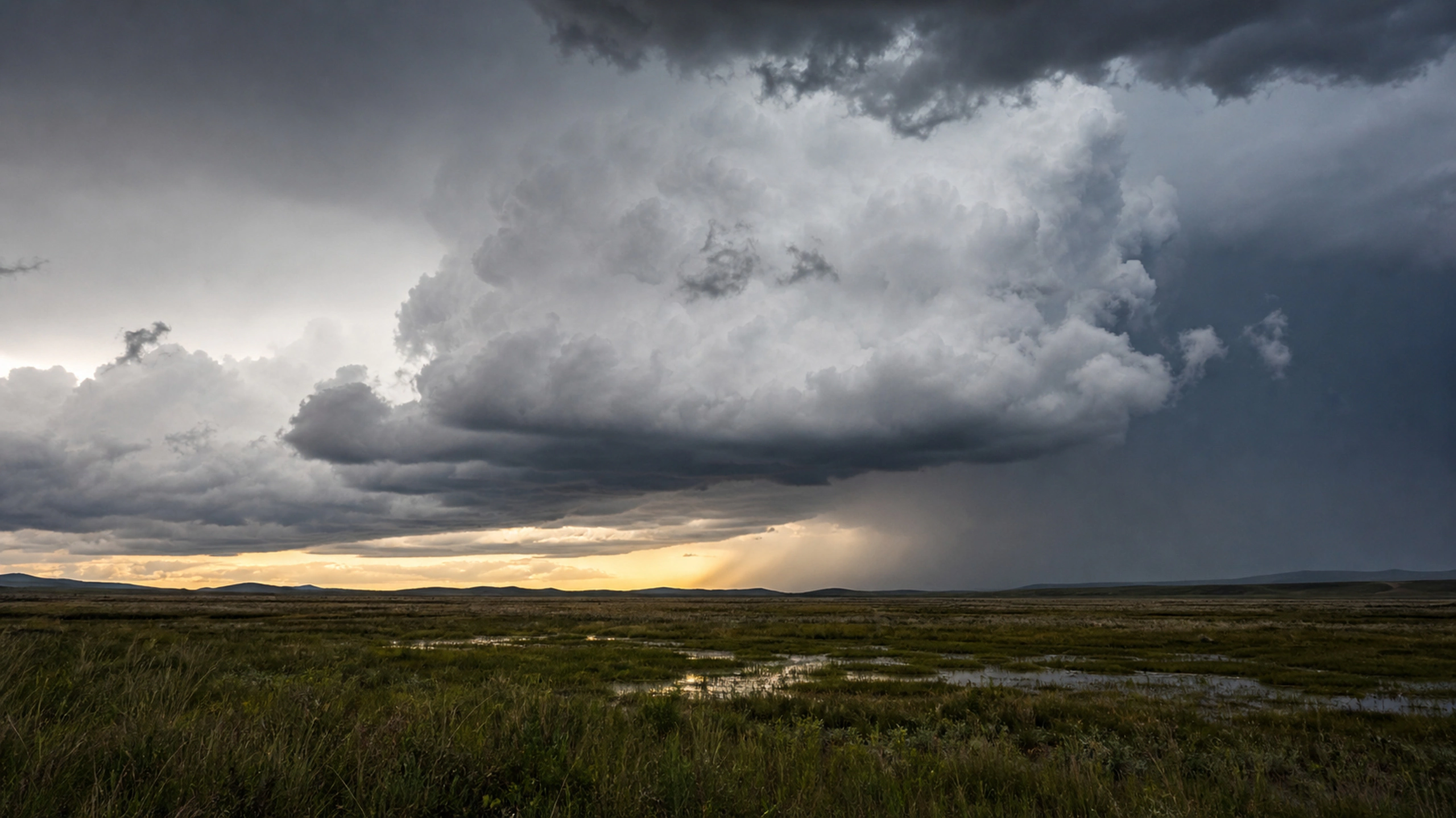 Wet prairie and clearing cumulonimbus with a narrow band of clean light, original 4K weather wallpaper
