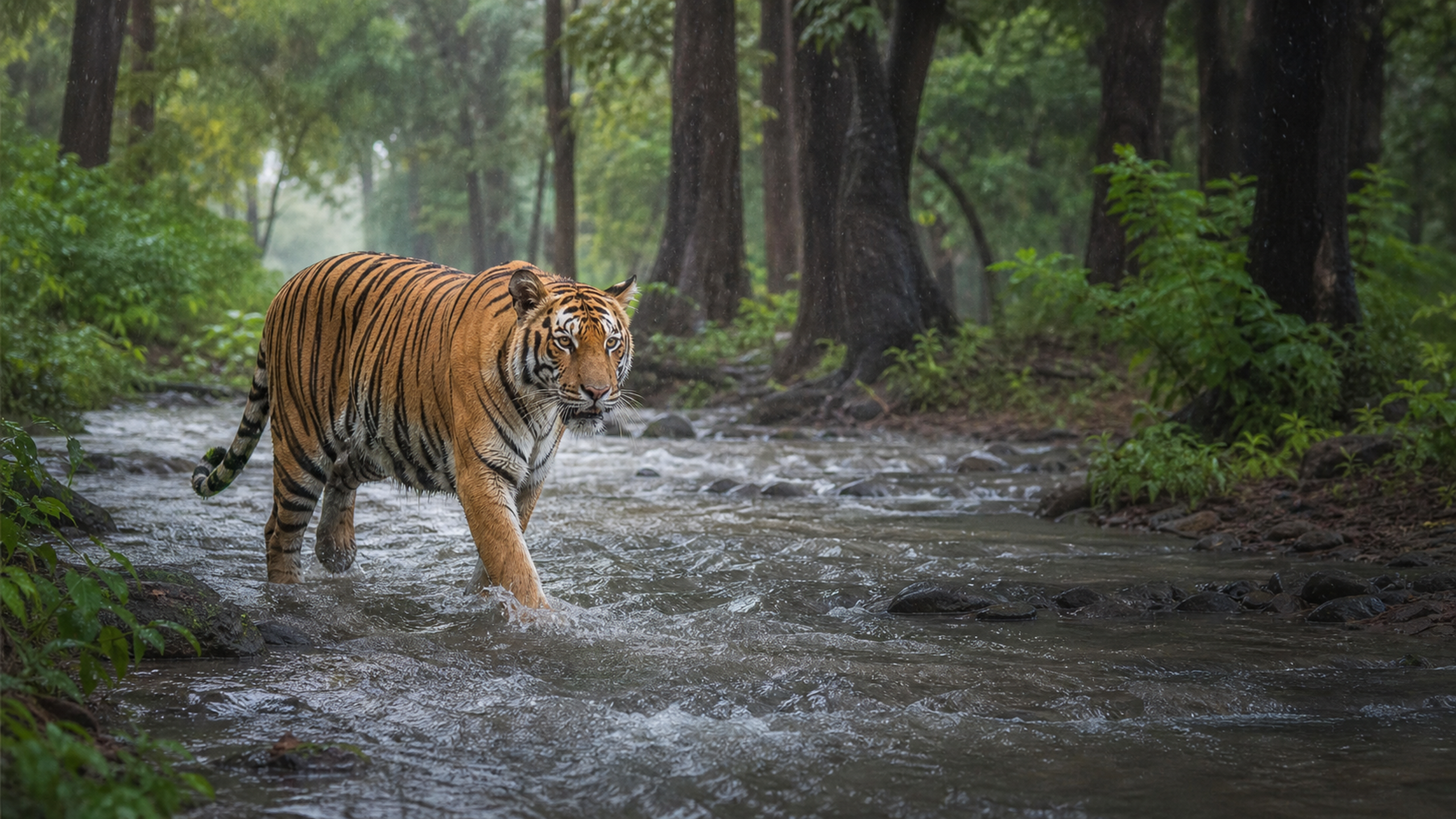 Bengal tiger crossing a rain-swollen stream in a dense sal forest