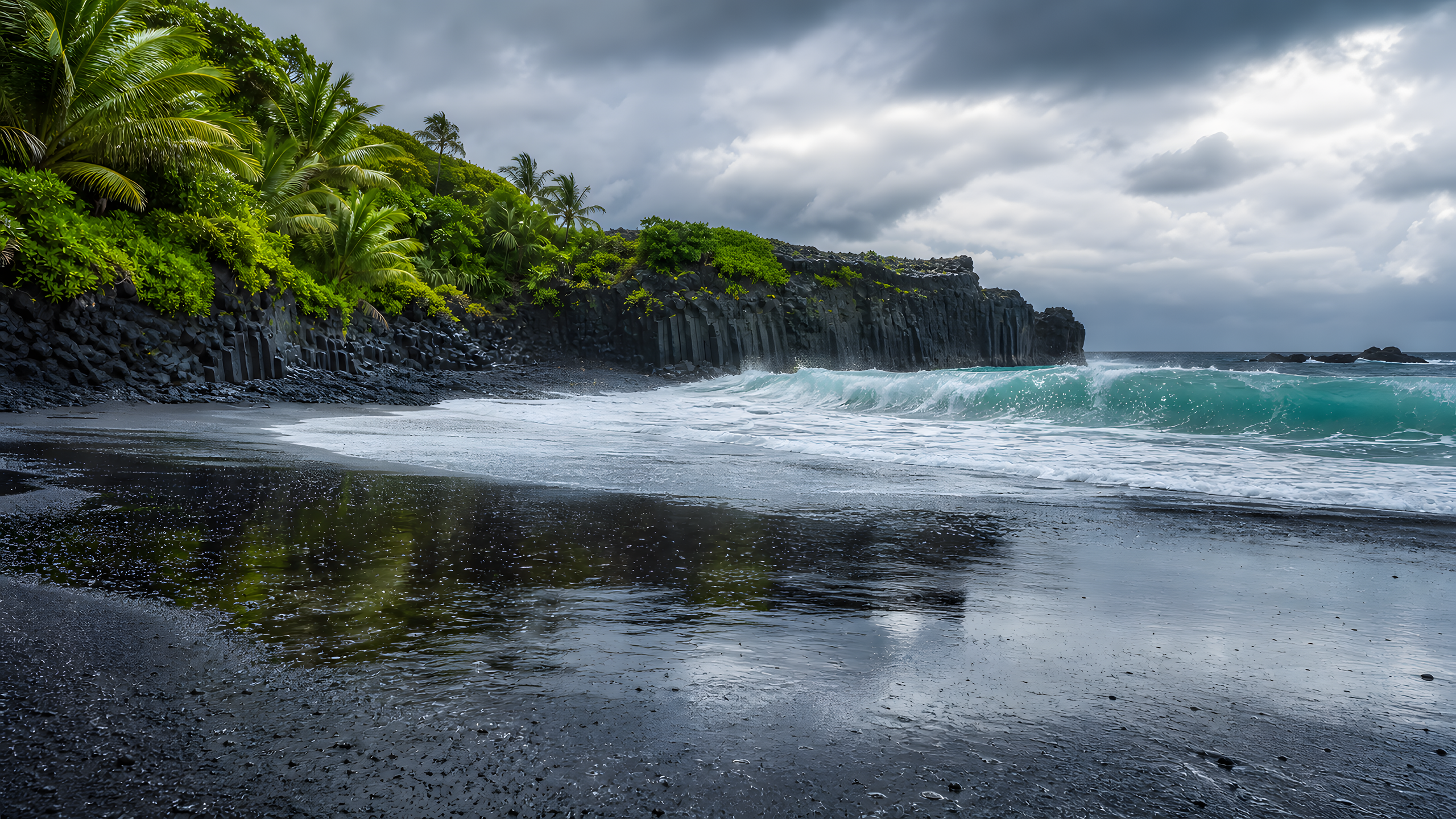 A remote black volcanic-sand beach after warm rain, bordered by dark columnar lava and lush tropical forest beneath a clearing charcoal sky, original 4K beaches wallpaper