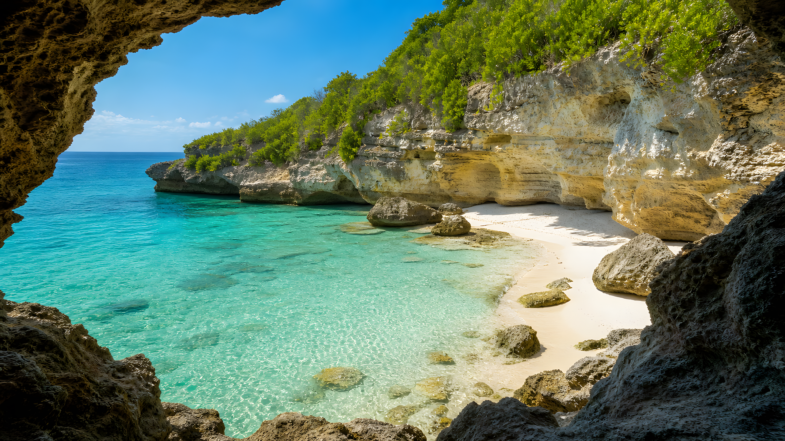 A secluded honey-limestone cove with an untouched white-sand crescent, emerald ledge shrubs and clear jade water seen through a shaded natural rock opening, original 4K beaches wallpaper