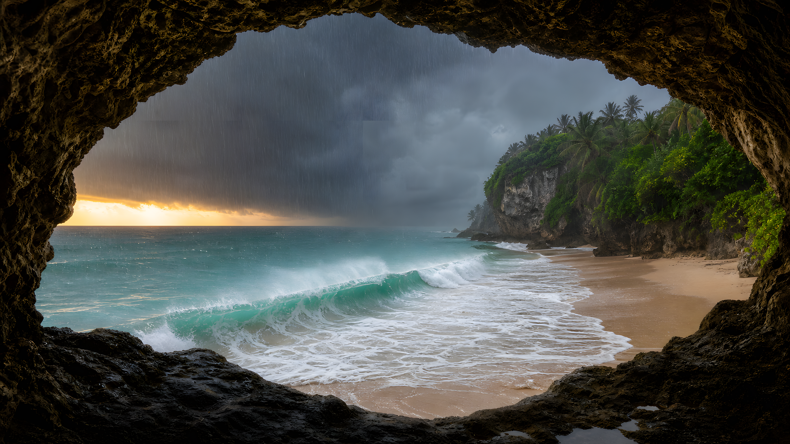 A deserted tropical cove during a fast monsoon squall, viewed from a natural sea cave as rain drives across milky-turquoise water beneath a narrow amber horizon, original 4K beaches wallpaper