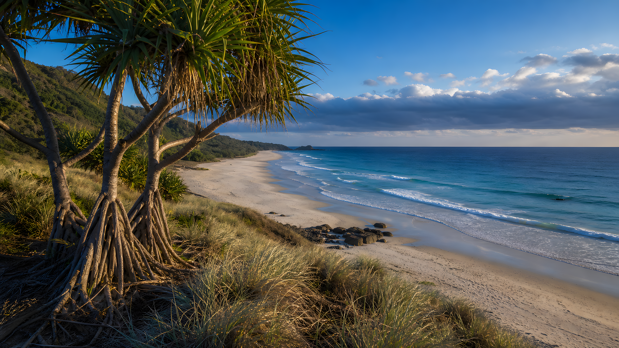 Sculptural pandanus trees and silver dune grass above a long empty ivory beach and sapphire water in clear late-afternoon light, original 4K beaches wallpaper
