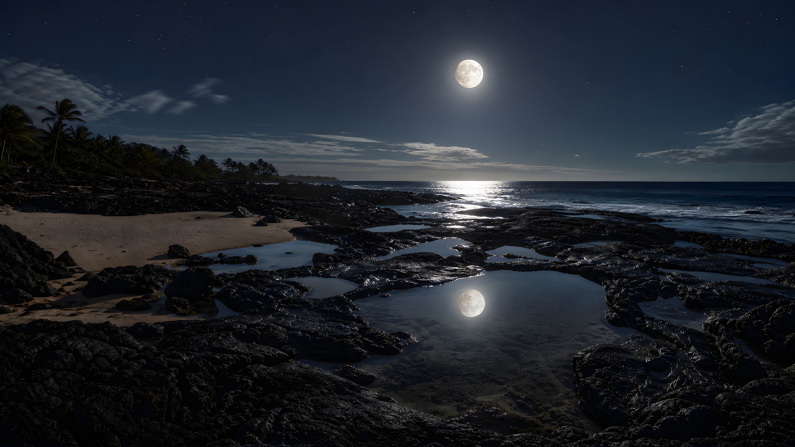 Interconnected tropical lava tide pools reflecting a bright gibbous moon around a small pocket of pale sand and a silver ocean swell, original 4K beaches wallpaper