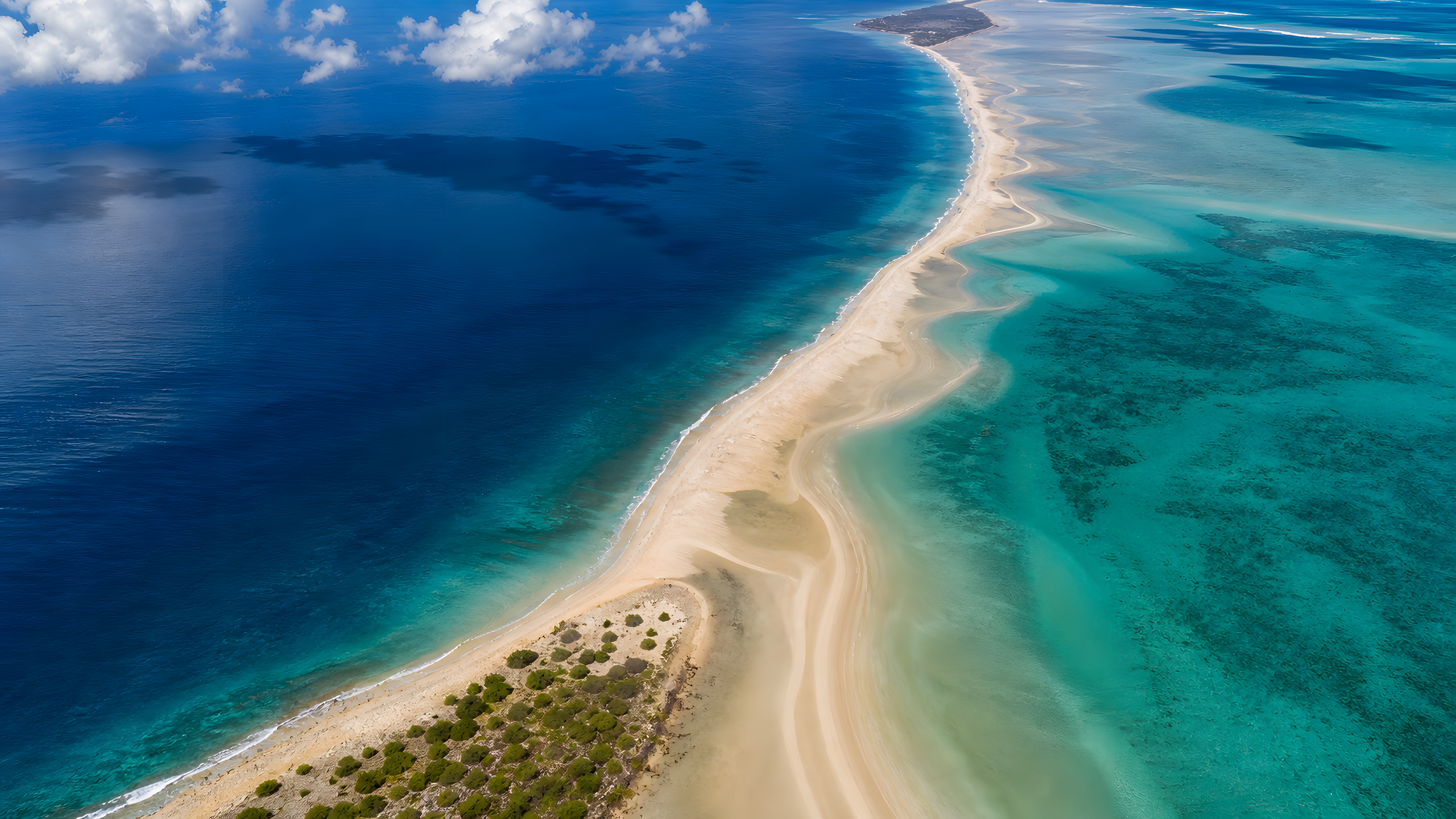 A complete S-curved sandbar dividing deep cobalt sea from a shallow emerald lagoon beneath naturally varied cumulus shadows, original 4K beaches wallpaper