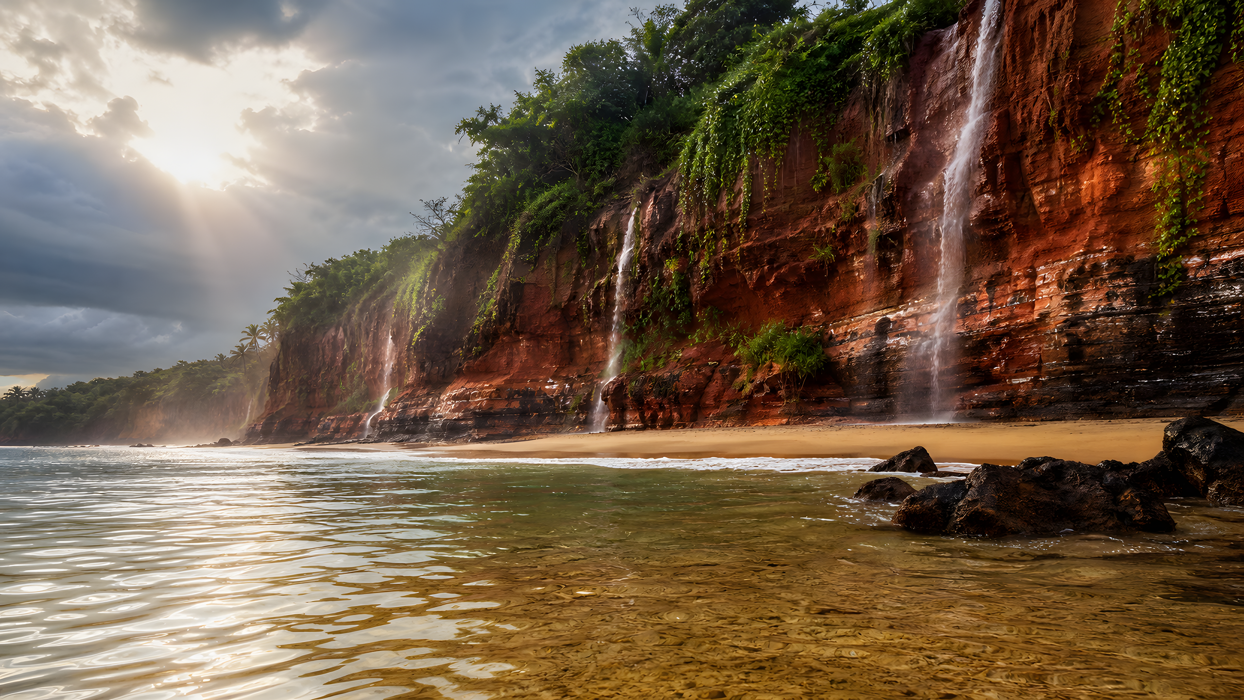 Small waterfalls threading down layered red laterite cliffs onto ochre sand and clear green sea as sunlight returns after a thunderstorm, original 4K beaches wallpaper
