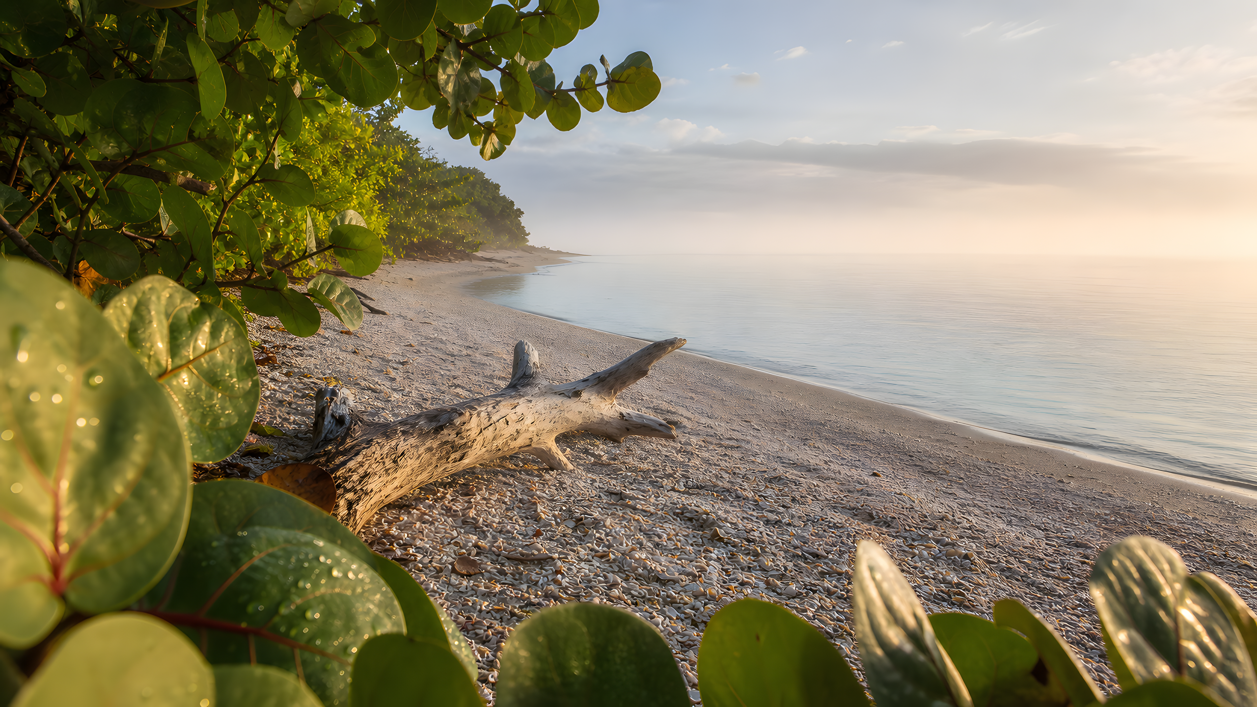 A secluded shell beach framed by broad sea-grape leaves and one naturally bleached driftwood trunk beside calm pale-aqua water in warm morning mist, original 4K beaches wallpaper