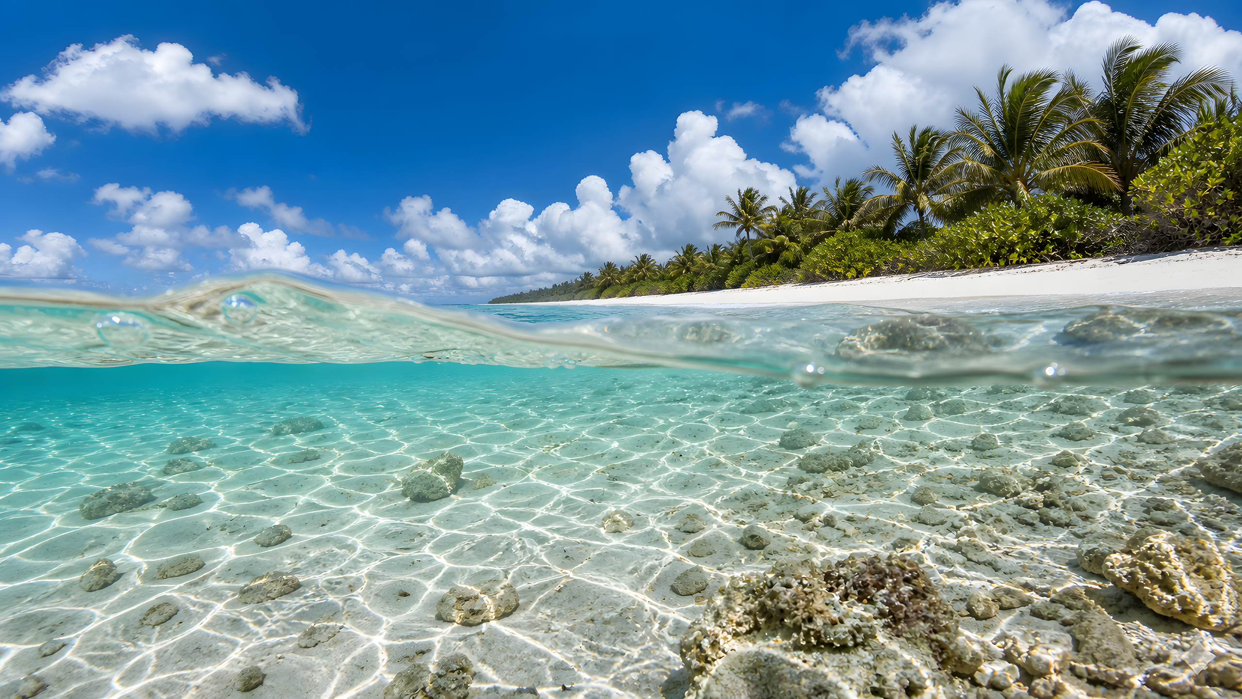 A coherent half-above half-below-water view of untouched white beach, native palms, rippled sand and small coral stones in crystal-clear tropical shallows, original 4K beaches wallpaper