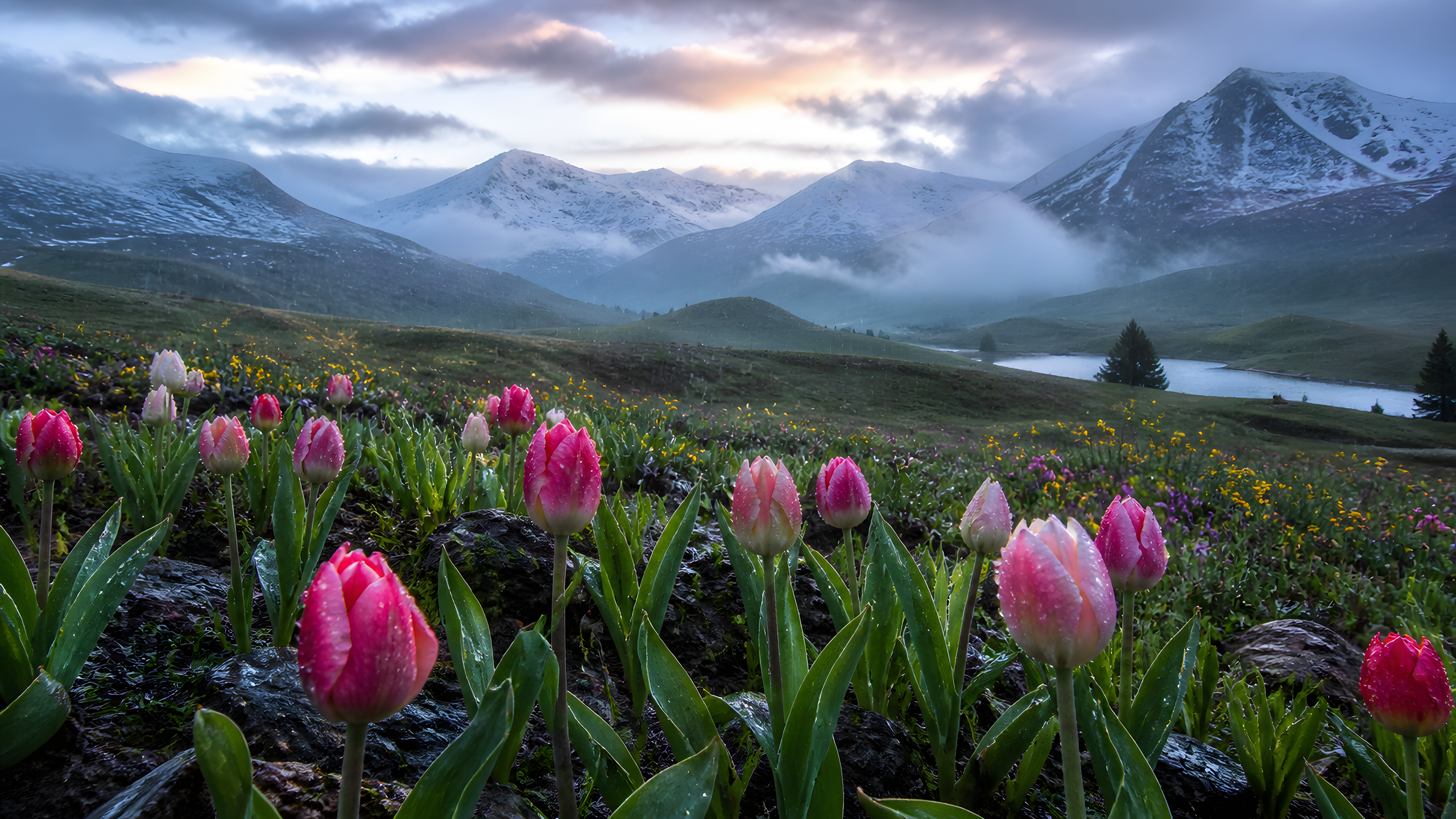 Tulip Fields and Spring Rain in alpine meadow under cool dawn light, original 4K desktop wallpaper