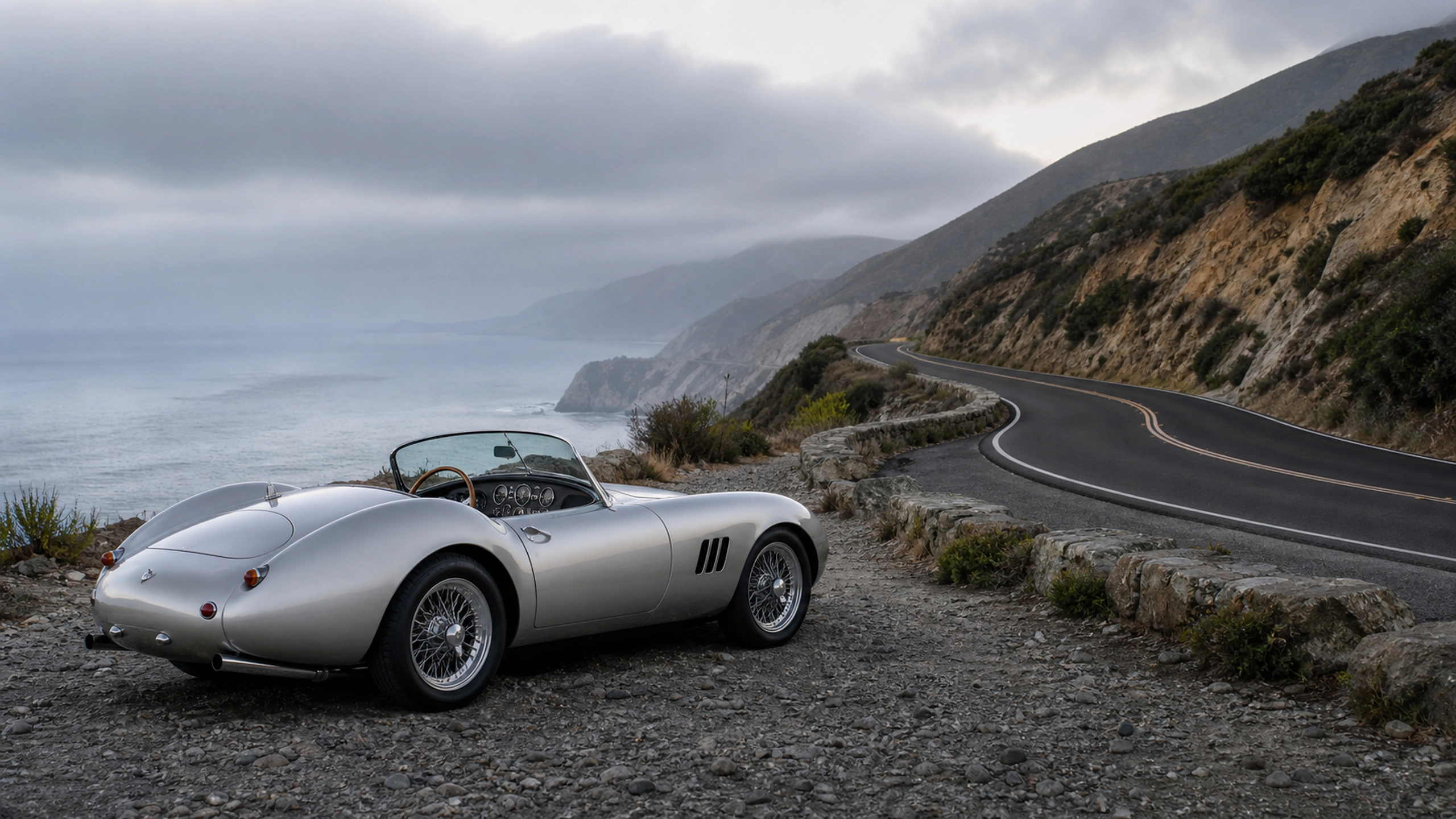 Original silver roadster parked beside an empty dramatic coastal road under overcast light, original 4K vehicles machines wallpaper