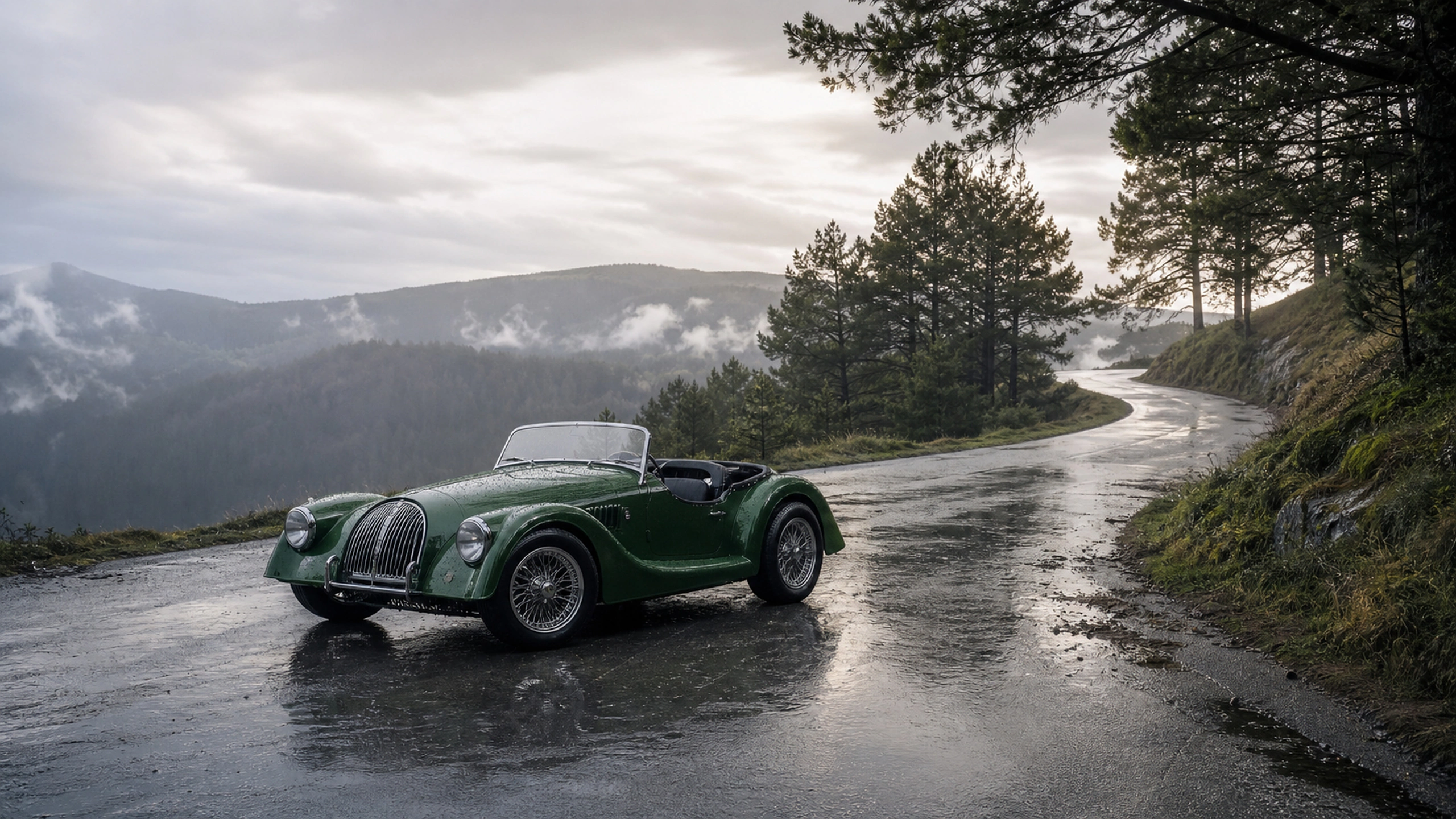 Distinct green open-top roadster on a wet forest lane after rain, original 4K vehicles machines wallpaper