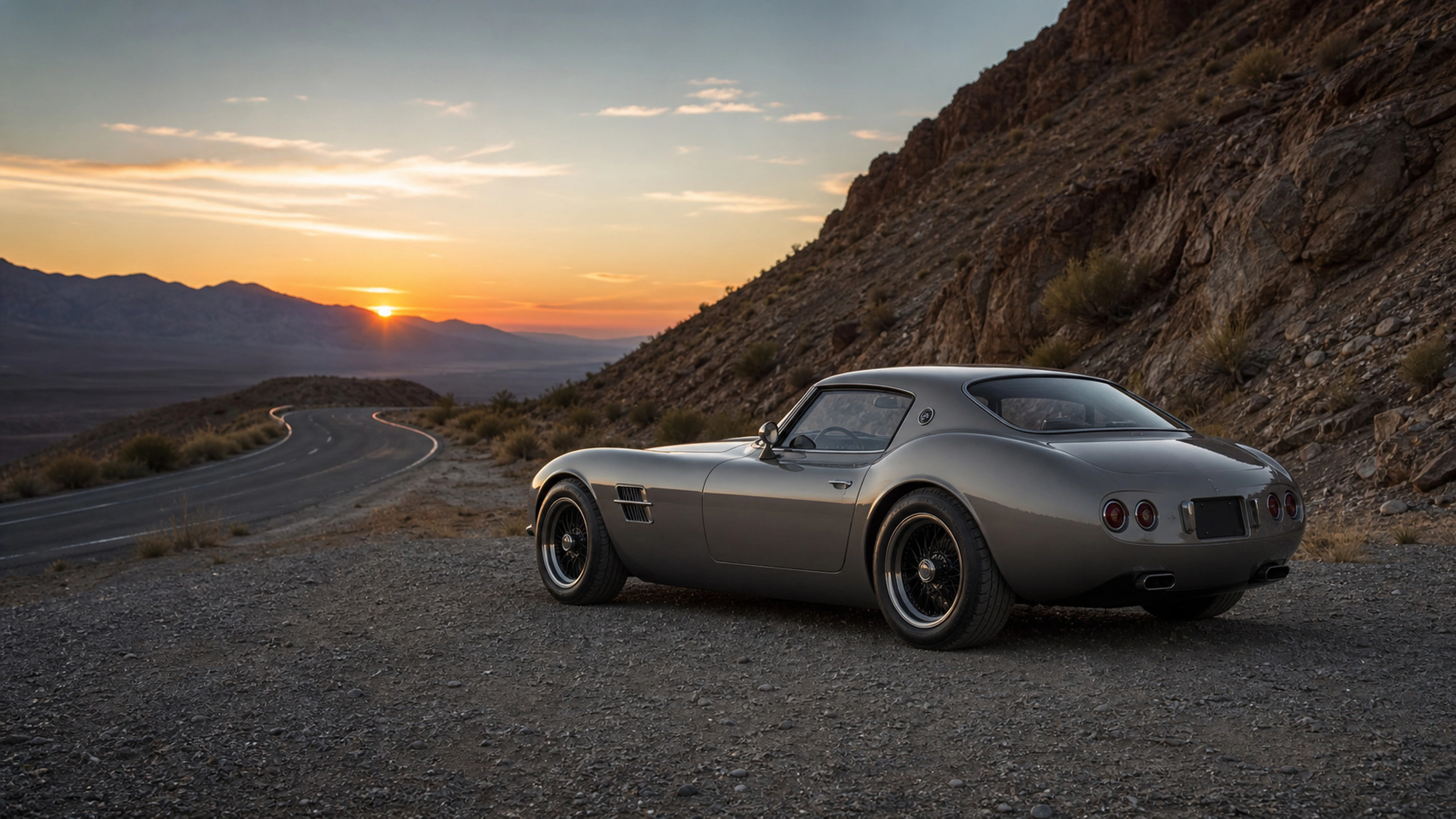 Original warm-gray classic-inspired coupe beside a remote desert highway at sunset, original 4K vehicles machines wallpaper