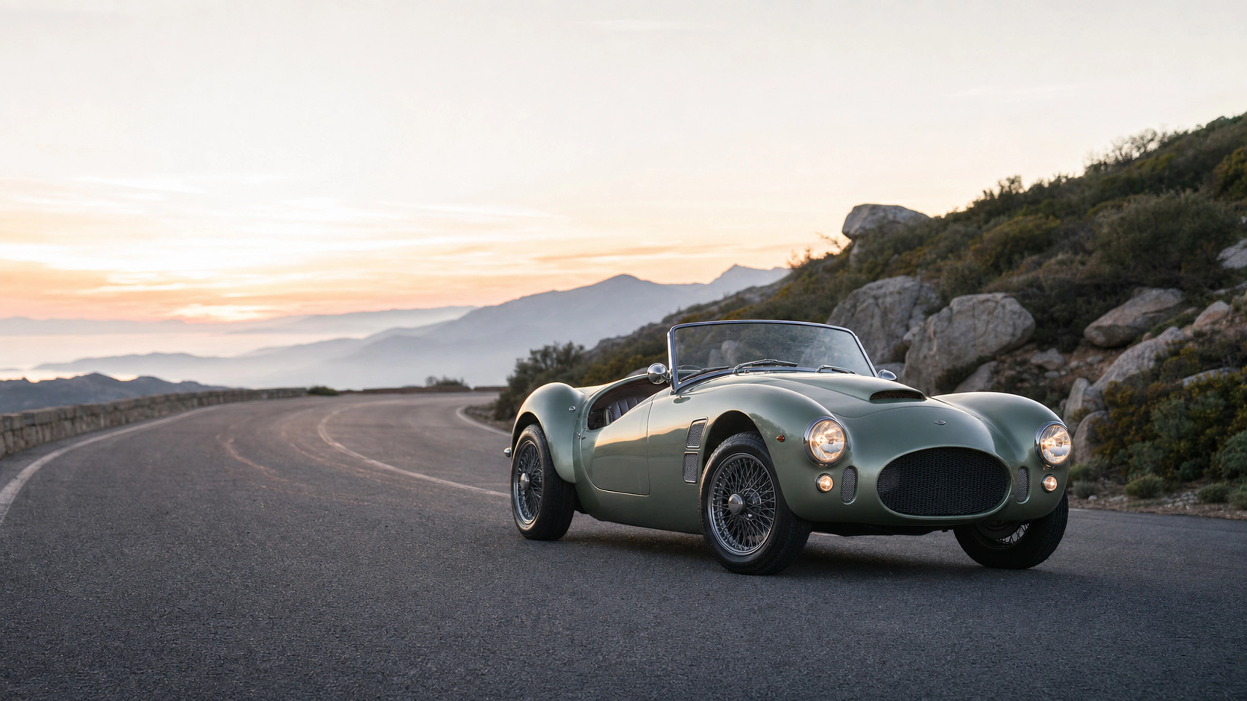 Unbranded roadster in a clean quiet workshop with believable tools and soft window light, original 4K vehicles machines wallpaper