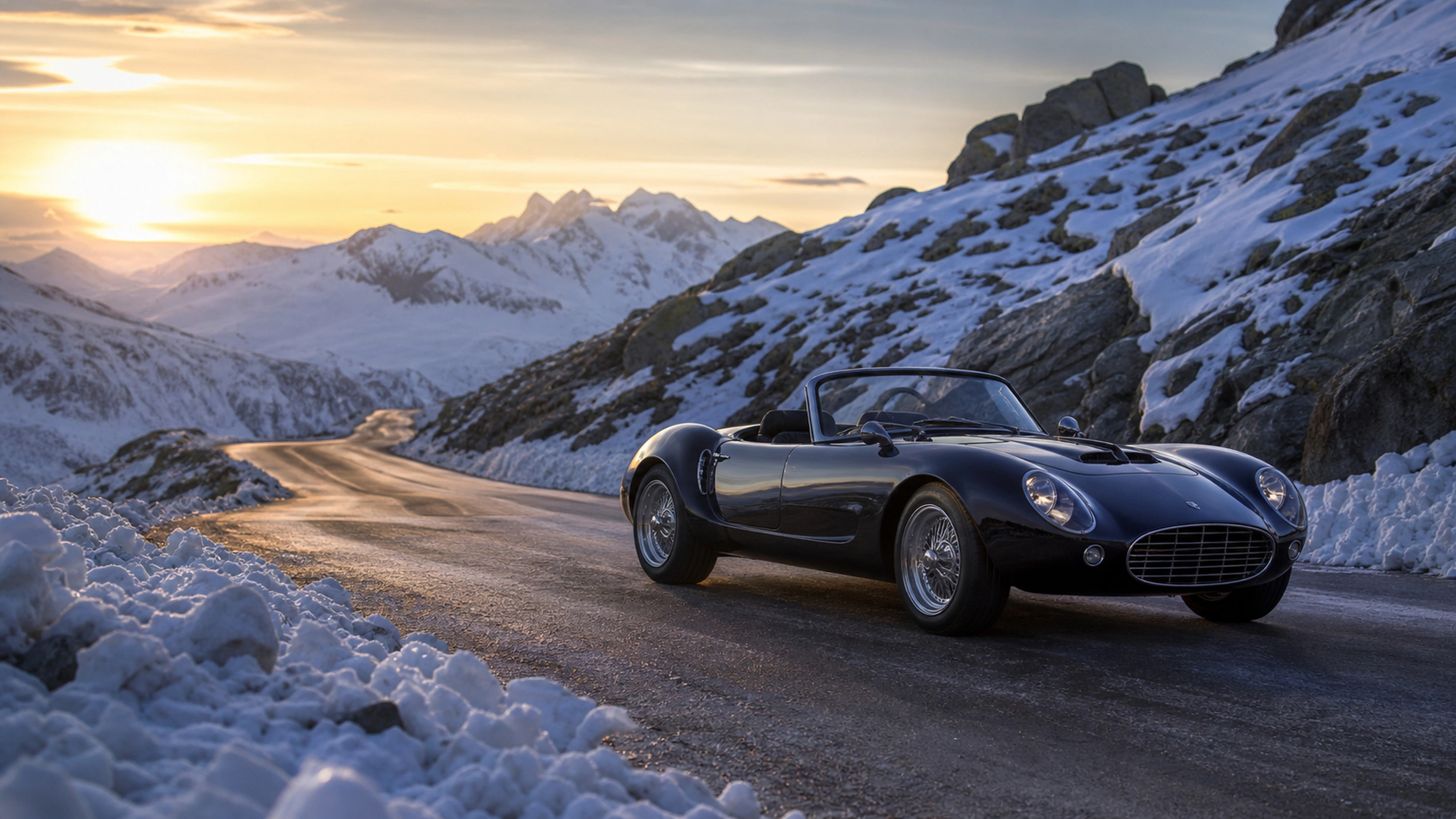 Distinct dark roadster parked on a plowed mountain pass with fresh snow banks, original 4K vehicles machines wallpaper