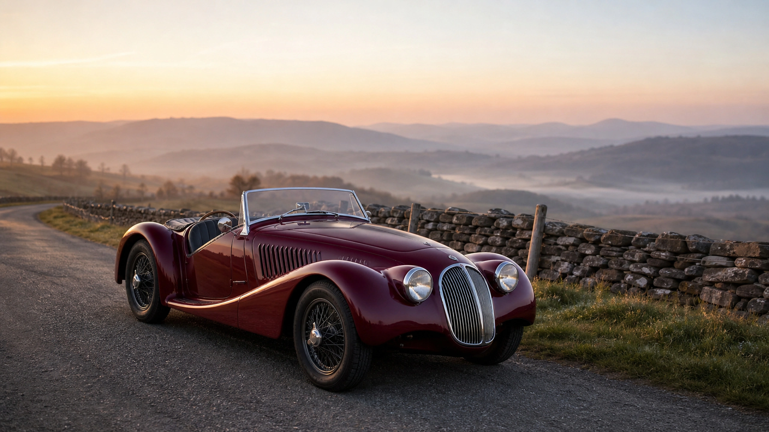 Restrained deep-red roadster beside rolling countryside and a weathered stone wall, original 4K vehicles machines wallpaper